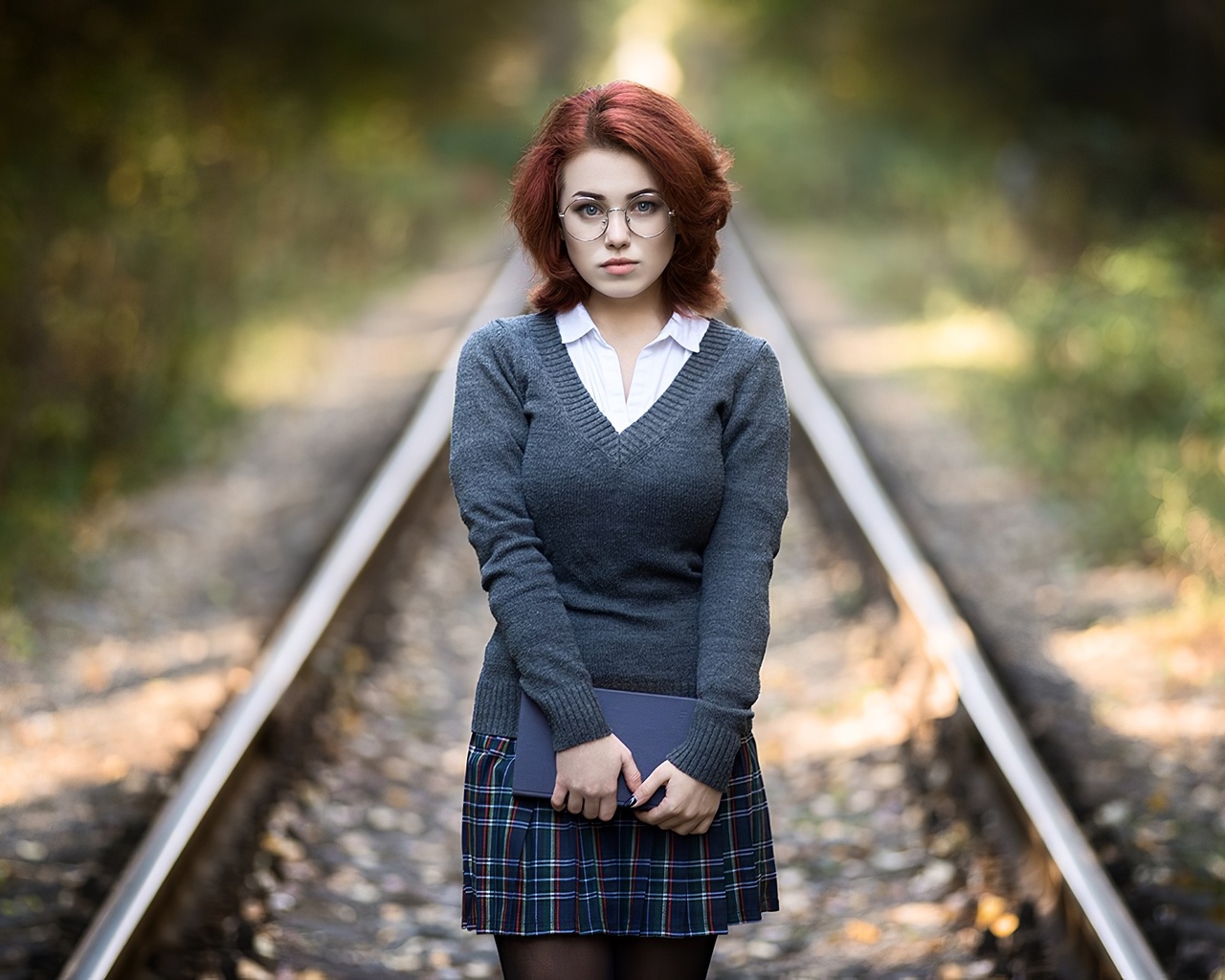 women, model, redhead, women outdoors, railway, woman with glasses, schoolgirl, school uniform, glasses, skirt, sweater, shirt, books, black stockings, stockings