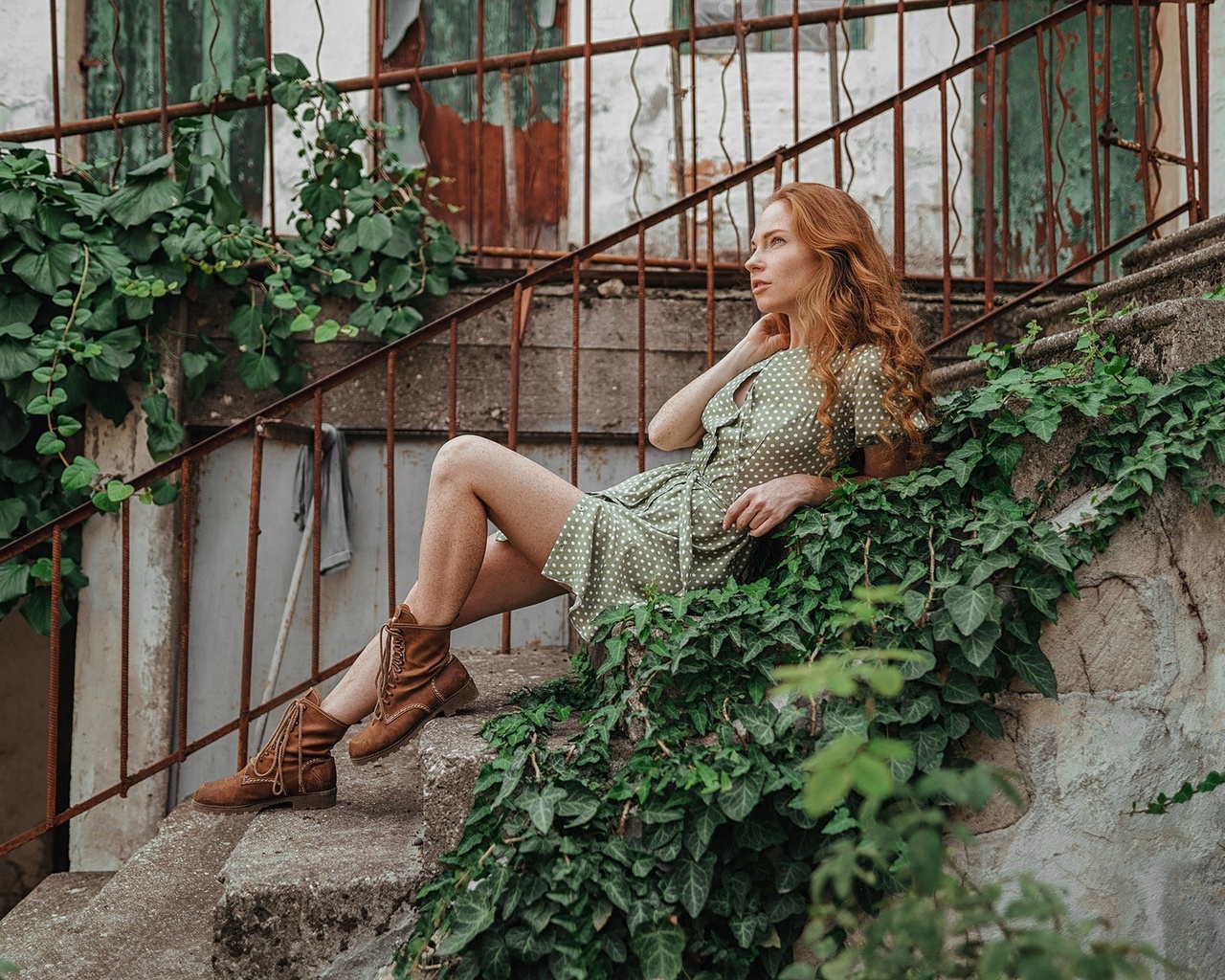 sergey freyer, women, model, redhead, women outdoors, sitting, green dress, dress, stairs, boots, plants, freckles