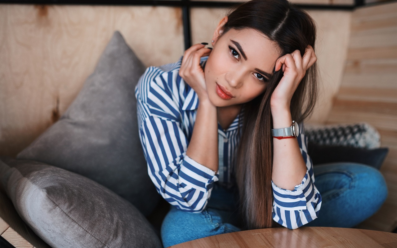 women, model, brunette, women indoors, asian, jeans, striped shirt, couch, table, watch, sitting