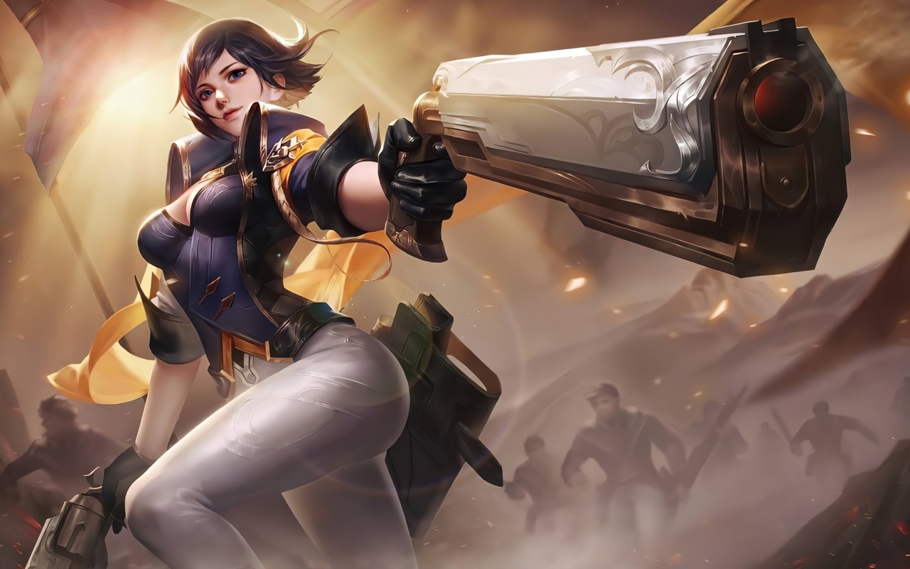 Картинки women, brunette, arena of valor, fantasy art, fantasy girl,  digital art, pc gaming, video games, video game girls, weapon, gun, pistol,  neckline, blue eyes, gloves - обои 1280x800, картинка №486701