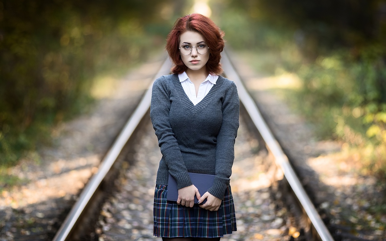 women, model, redhead, women outdoors, railway, woman with glasses, schoolgirl, school uniform, glasses, skirt, sweater, shirt, books, black stockings, stockings