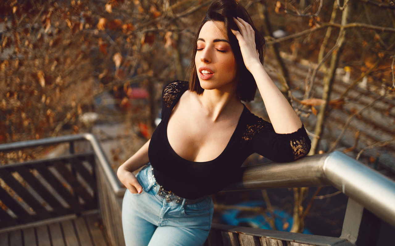 david mas, women, model, brunette, women outdoors, jeans, blouse, closed eyes, open mouth, trees, neckline