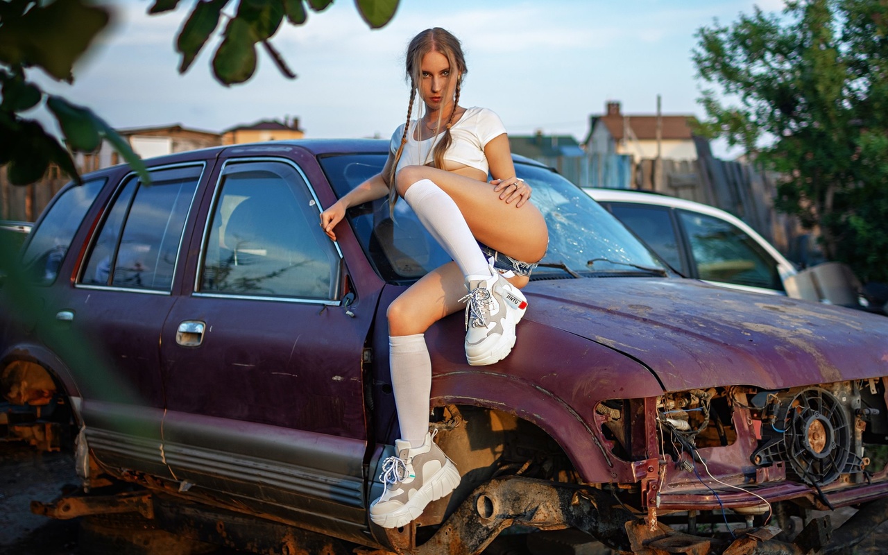 women, jean shorts, twintails, tank top, skinny, women outdoors, ribs, junkyard, underboob, white stockings, sneakers, ass, sitting, boobs, necklace