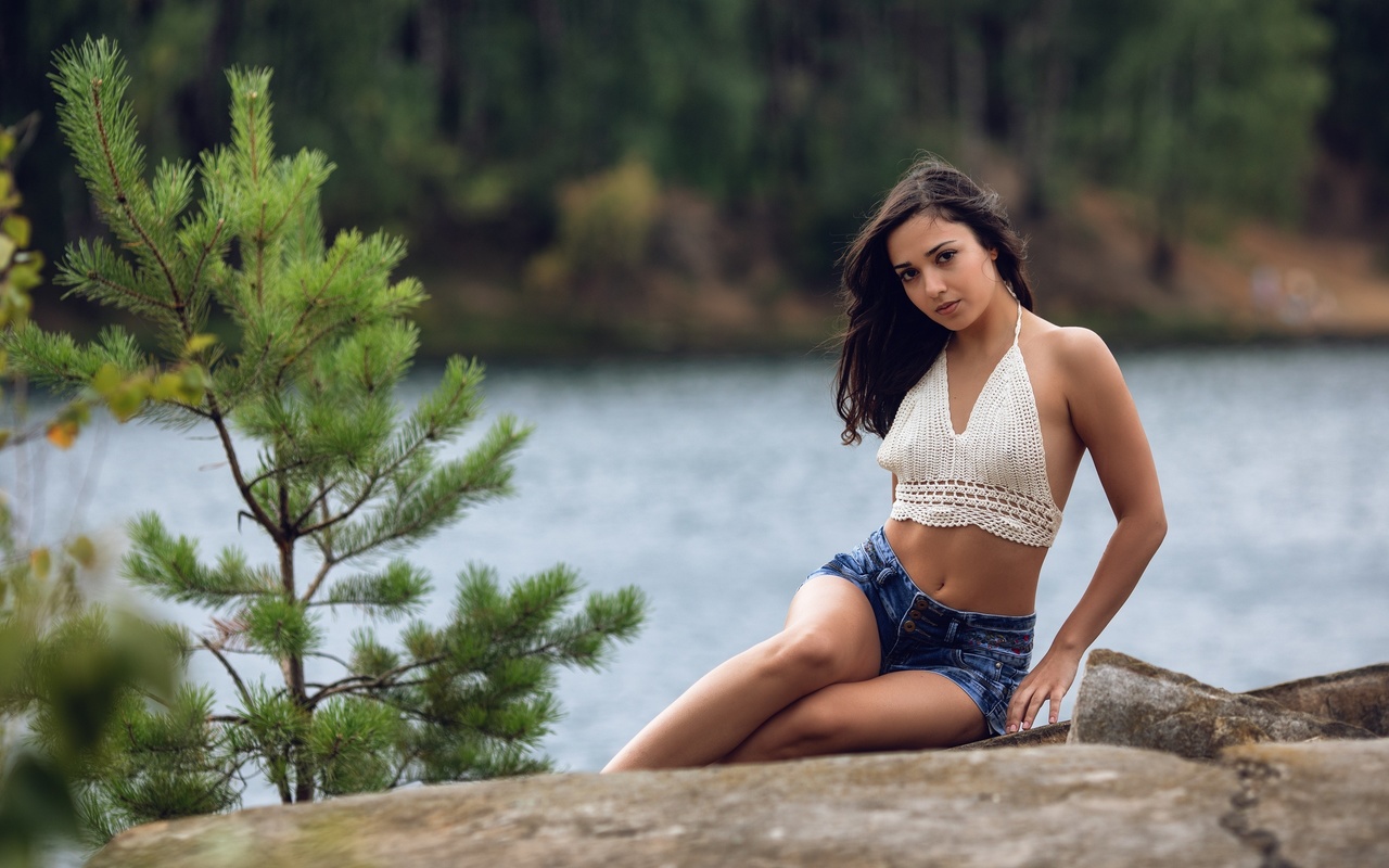 women, brunette, model, women outdoors, lake, trees, sitting, jean shorts, short tops, nature