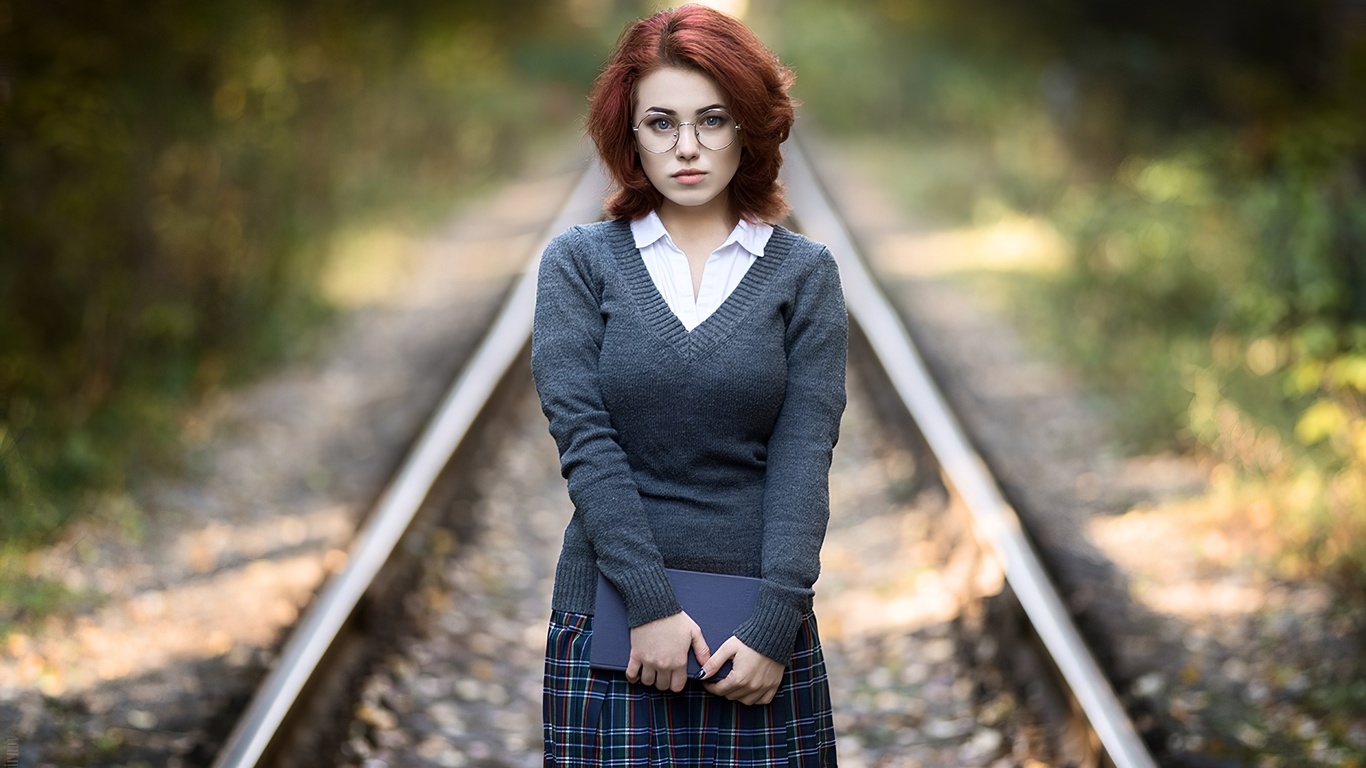 women, model, redhead, women outdoors, railway, woman with glasses, schoolgirl, school uniform, glasses, skirt, sweater, shirt, books, black stockings, stockings