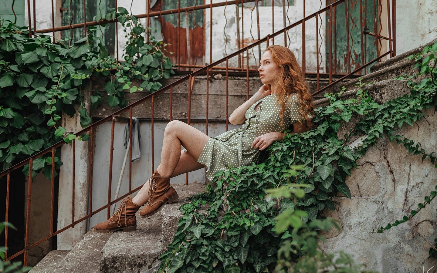 sergey freyer, women, model, redhead, women outdoors, sitting, green dress, dress, stairs, boots, plants, freckles