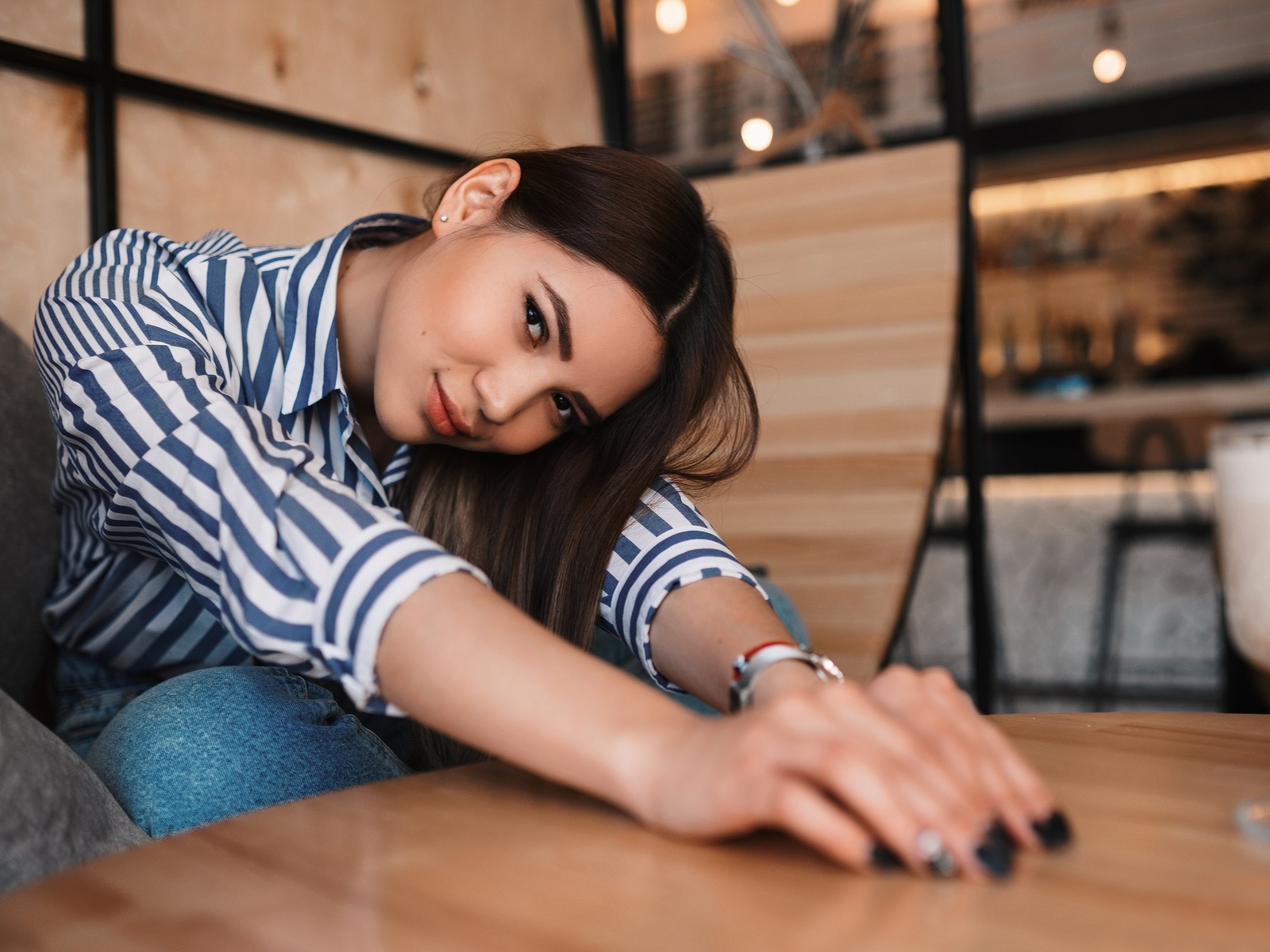 women, model, brunette, women indoors, asian, jeans, striped shirt, couch, table, watch