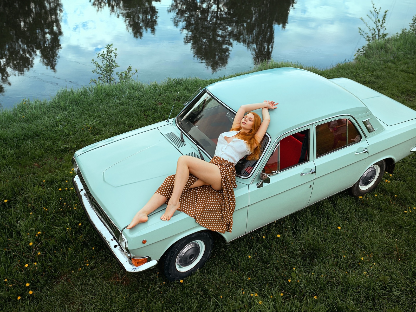 women, redhead, dress, car, top view, river, grass, women outdoors, ass, closed eyes, polka dots, women with cars, 