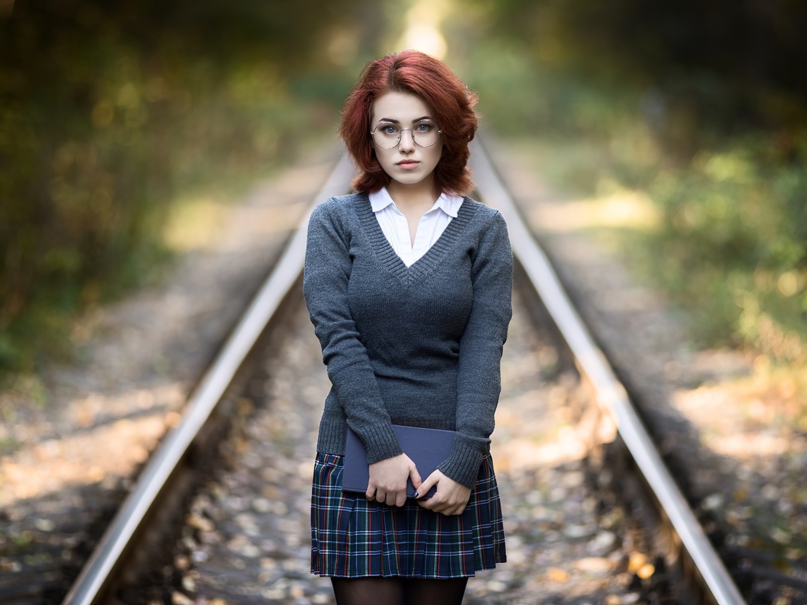 women, model, redhead, women outdoors, railway, woman with glasses, schoolgirl, school uniform, glasses, skirt, sweater, shirt, books, black stockings, stockings