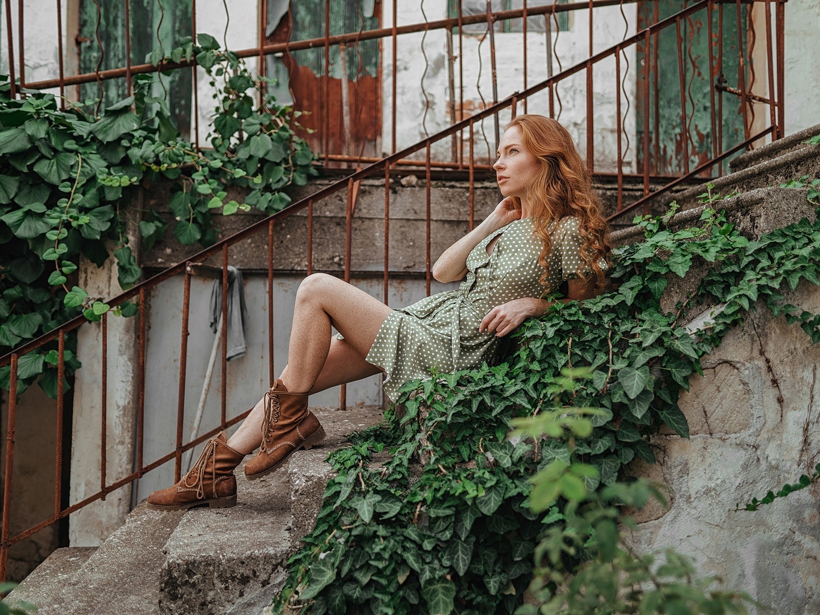 sergey freyer, women, model, redhead, women outdoors, sitting, green dress, dress, stairs, boots, plants, freckles