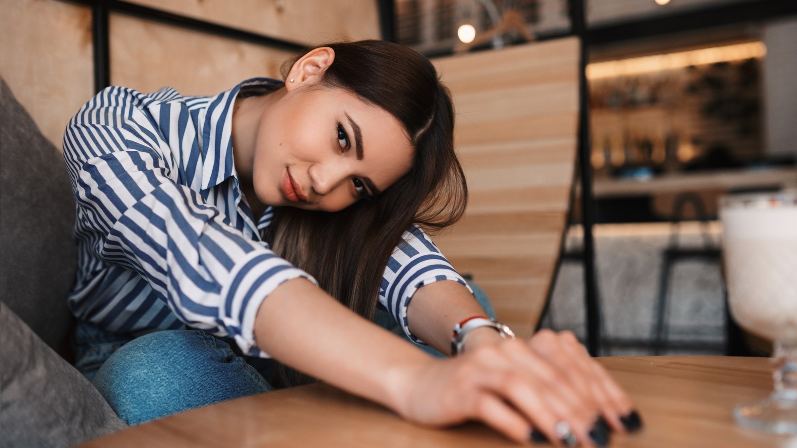 women, model, brunette, women indoors, asian, jeans, striped shirt, couch, table, watch