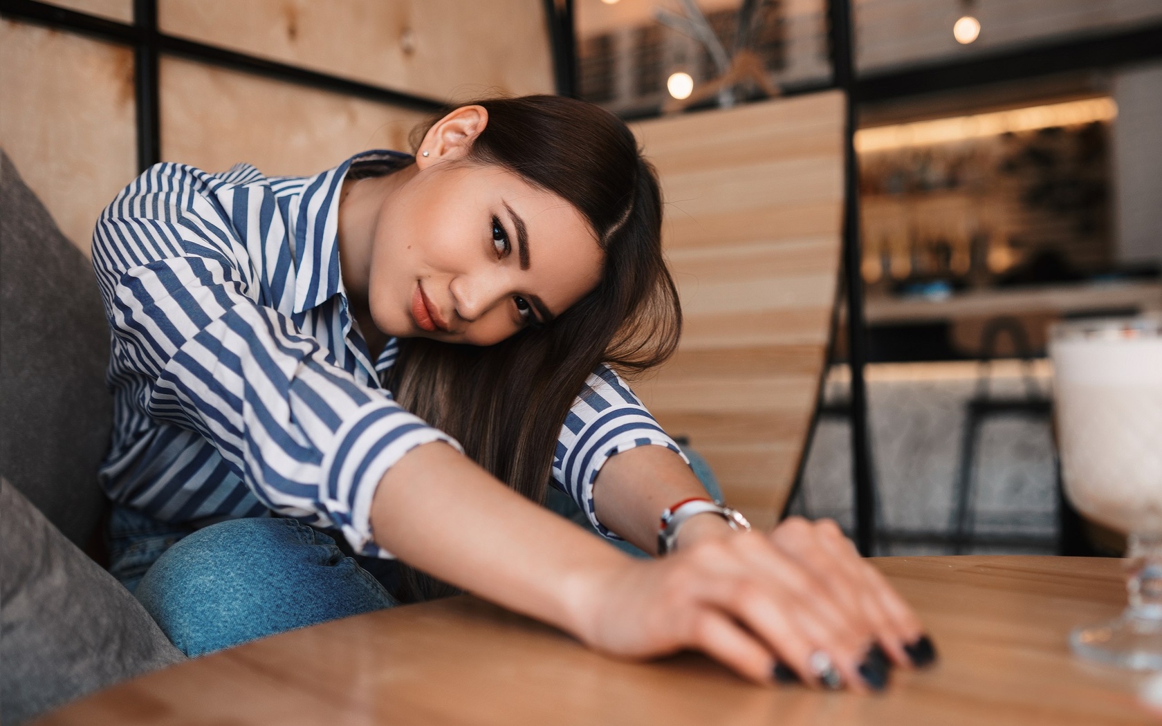 women, model, brunette, women indoors, asian, jeans, striped shirt, couch, table, watch