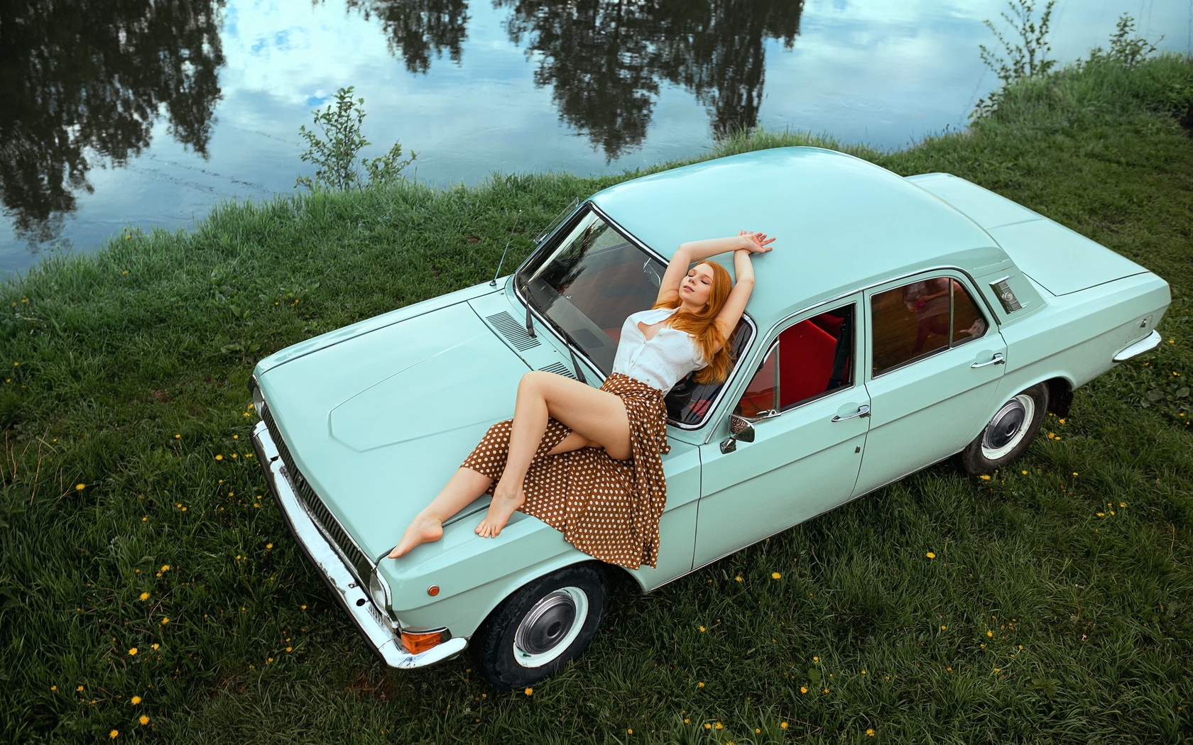 women, redhead, dress, car, top view, river, grass, women outdoors, ass, closed eyes, polka dots, women with cars, 