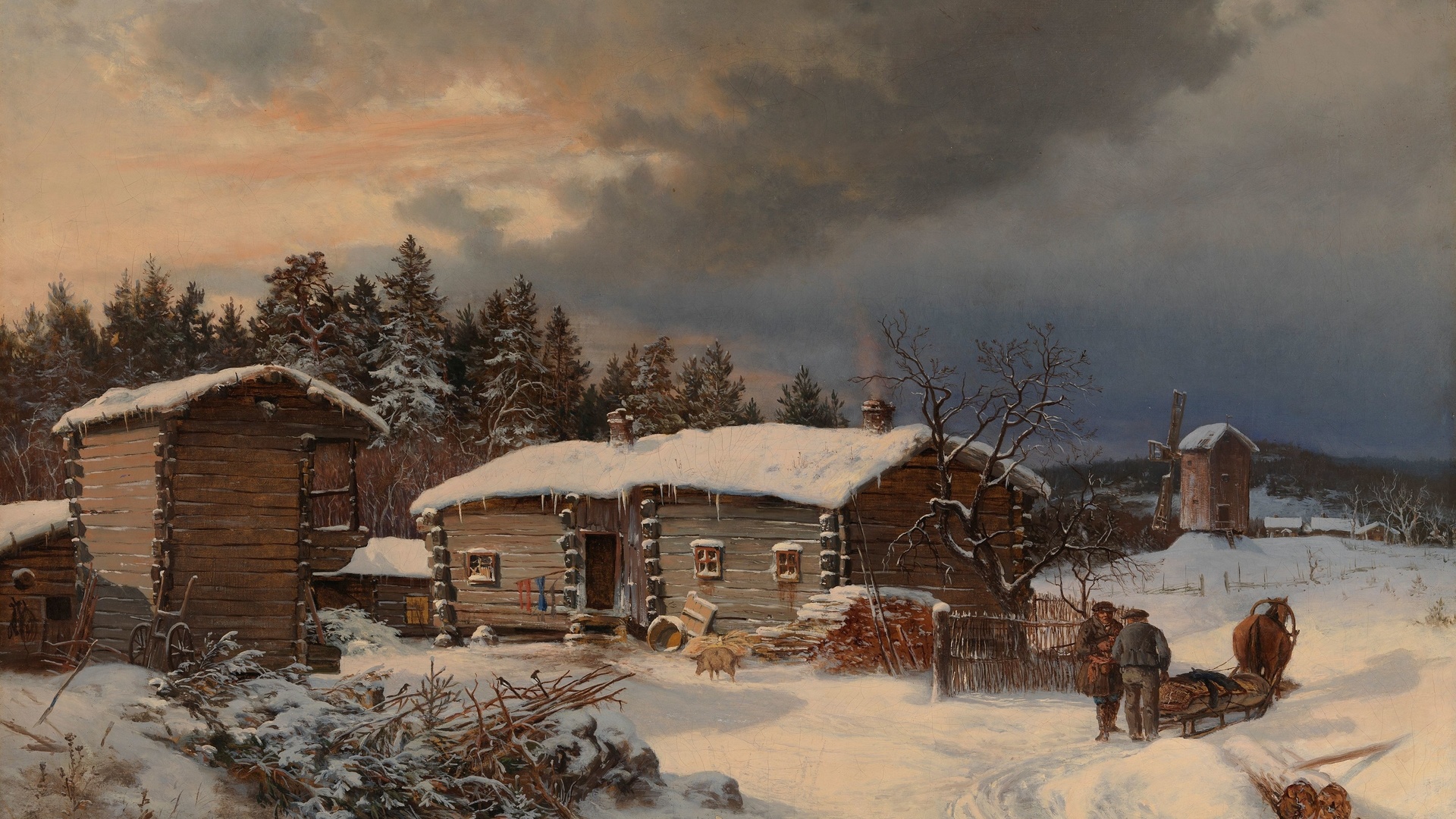 hjalmar munsterhjelm,  , 1866, winter landscape with farmhouse in hame,       , finnish national gallery