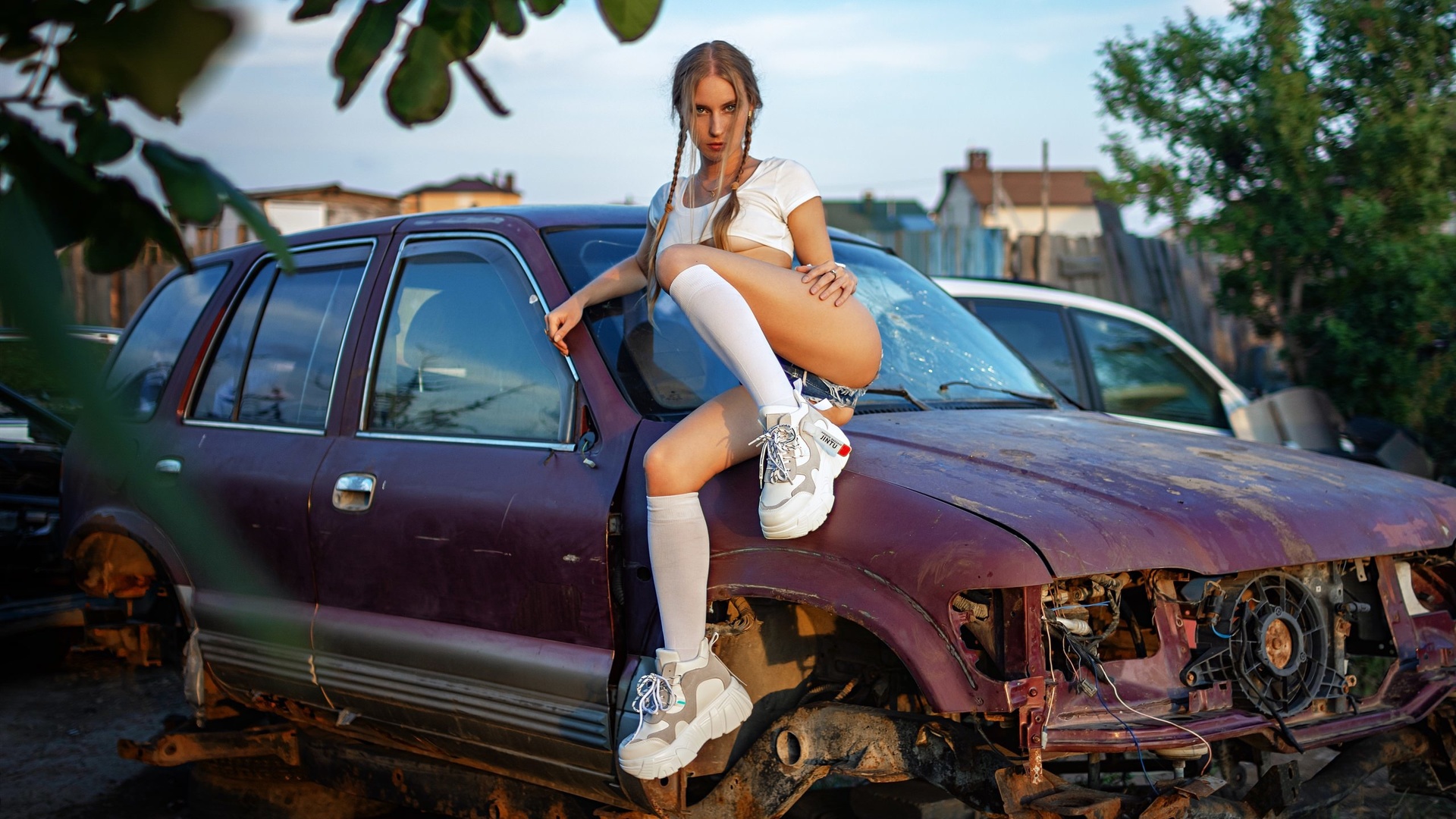 women, jean shorts, twintails, tank top, skinny, women outdoors, ribs, junkyard, underboob, white stockings, sneakers, ass, sitting, boobs, necklace