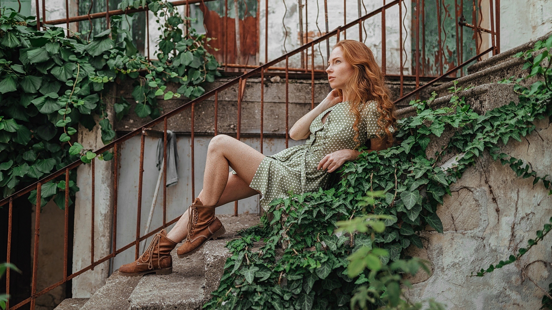 sergey freyer, women, model, redhead, women outdoors, sitting, green dress, dress, stairs, boots, plants, freckles