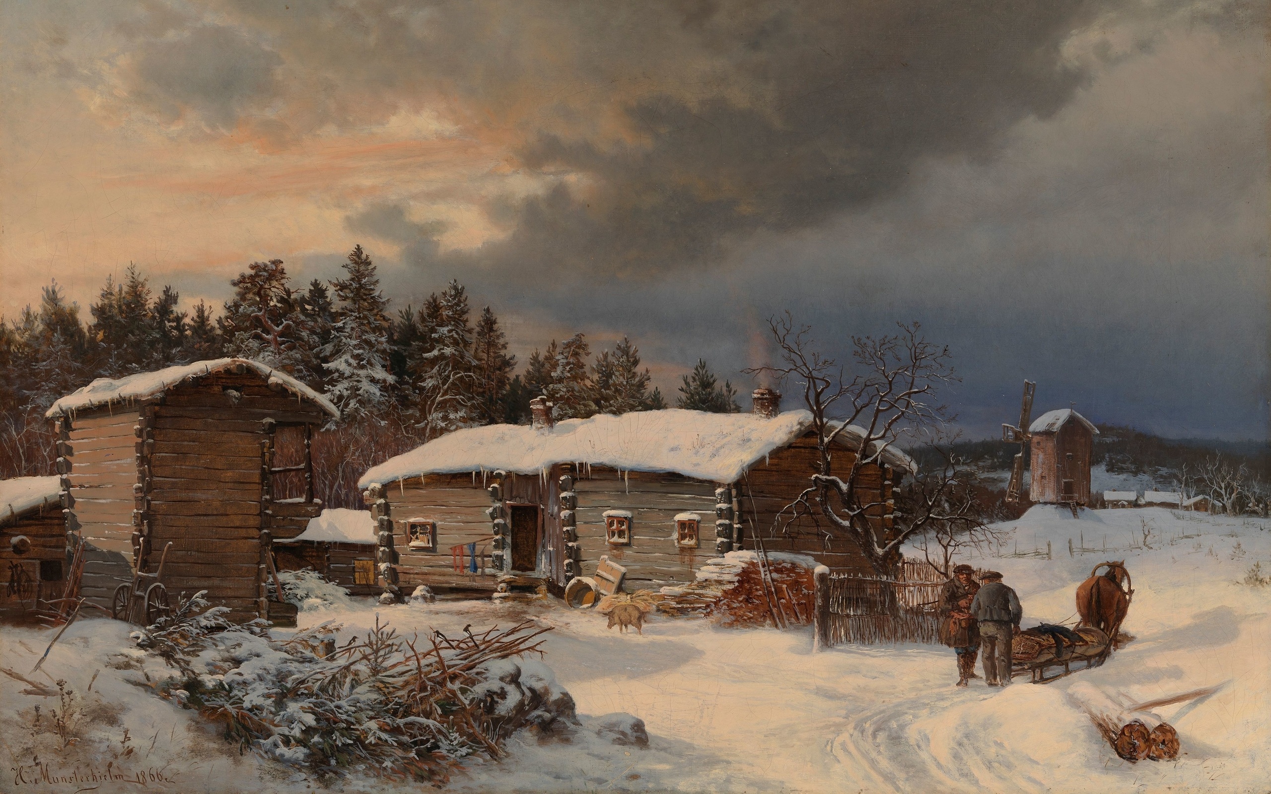 hjalmar munsterhjelm,  , 1866, winter landscape with farmhouse in hame,       , finnish national gallery