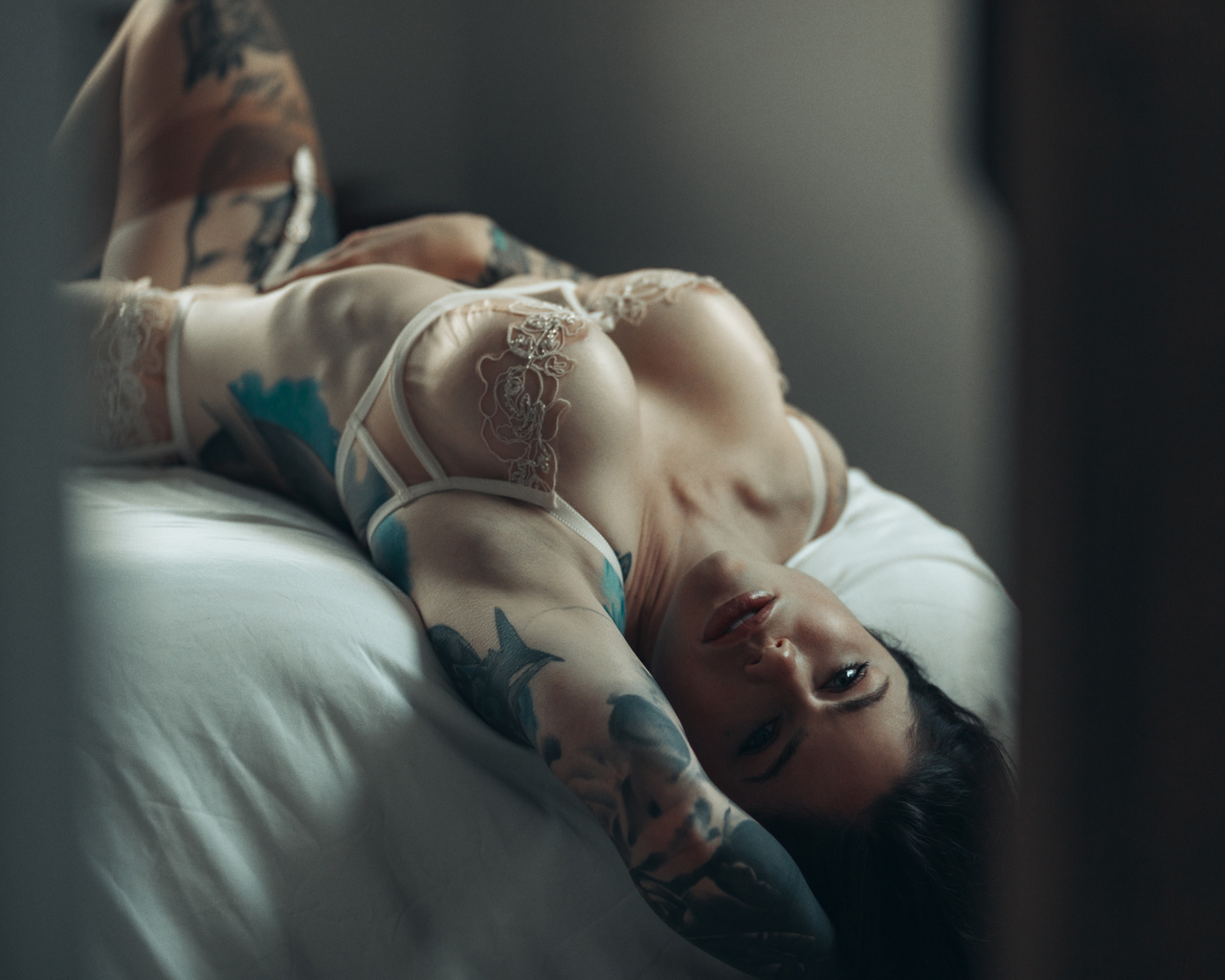 women, model, brunette, women indoors, women indoors, boobs, tattoo, lingerie, bra, panties, in bed, bed, big boobs