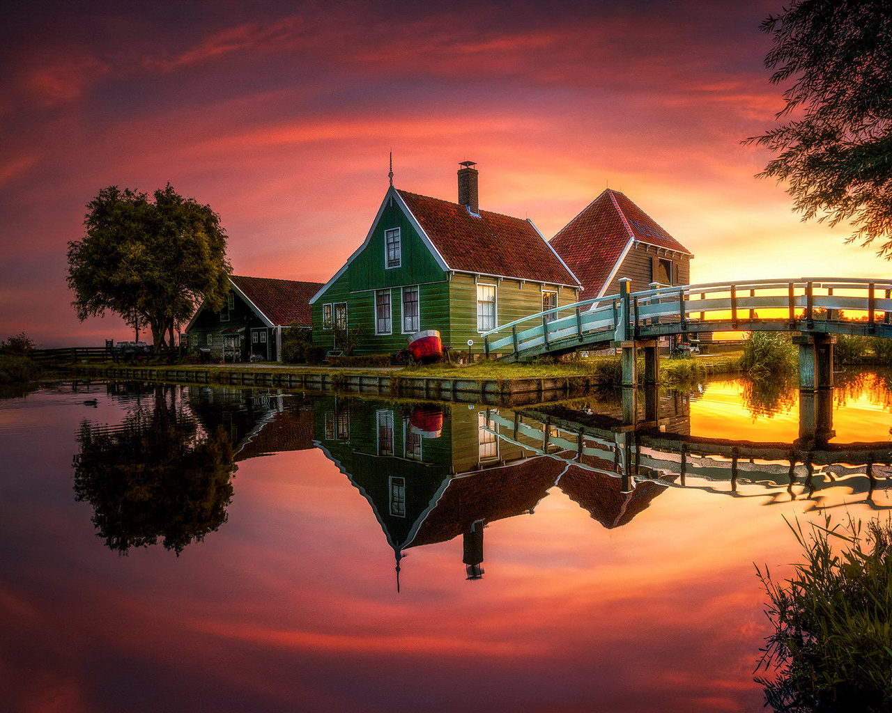 nature, lake, clouds, sky, trees, sunset, bridge, house, cottage, reflection, colorful, window