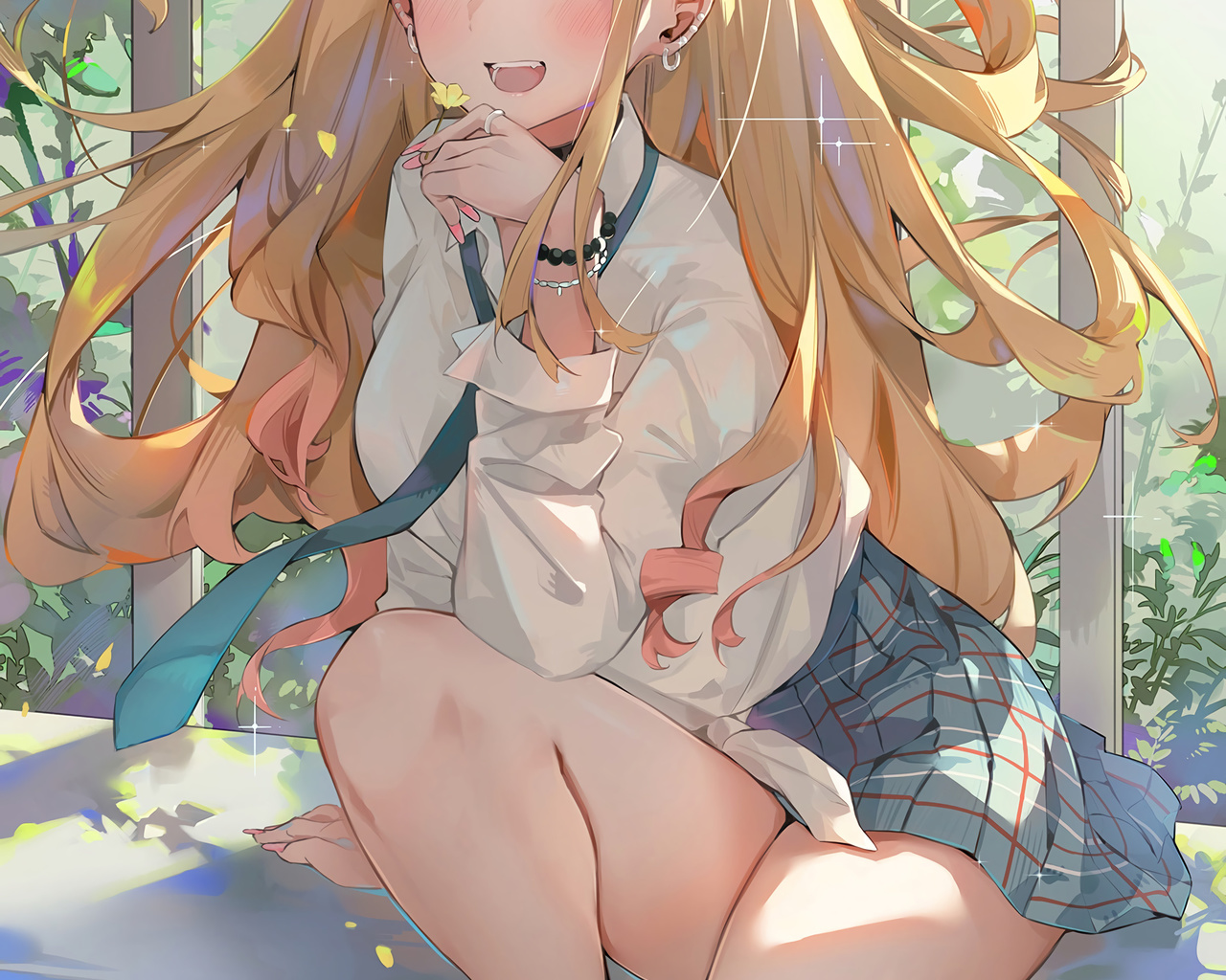 dema hmw, kitagawa marin, sono bisque doll wa koi wo suru, women, blonde, anime girls, school uniform, schoolgirl, miniskirt, school skirt, sitting, digital art, schoolgirl uniform, pierced ear, plants, flowers, necktie, tie, shoes, socks