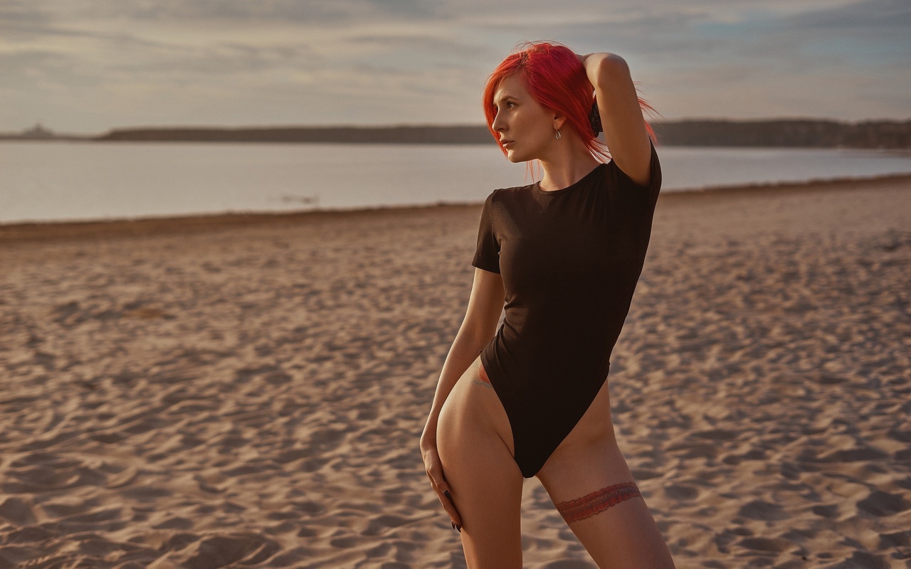 women, bodysuit, sand, redhead, sea, tattoo, hips, looking away, sky, clouds, women outdoors, beach, black nails