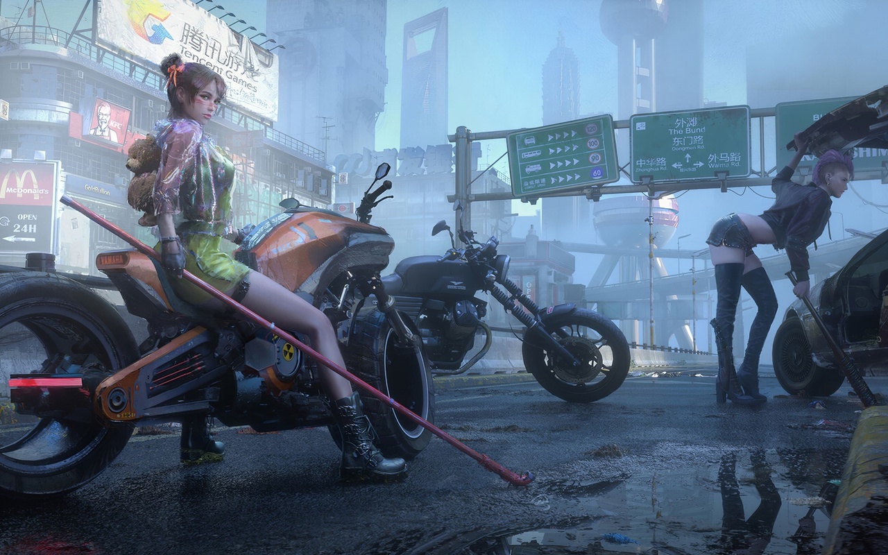 cyberpunk 2077, cyberpunk, digital art, video game girls, video games, women, motorcycle, city, kfc, mcdonalds, boots, raincoat, teddy bear, leather jacket, baseball bat, yamaha, jean shorts, playstation 5, xbox one, microsoft windows, gloves, buildings