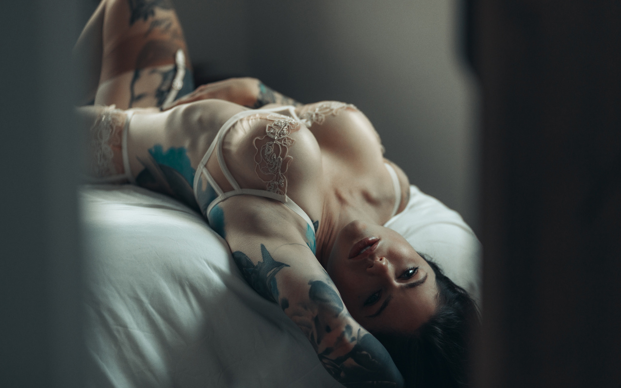 women, model, brunette, women indoors, women indoors, boobs, tattoo, lingerie, bra, panties, in bed, bed, big boobs