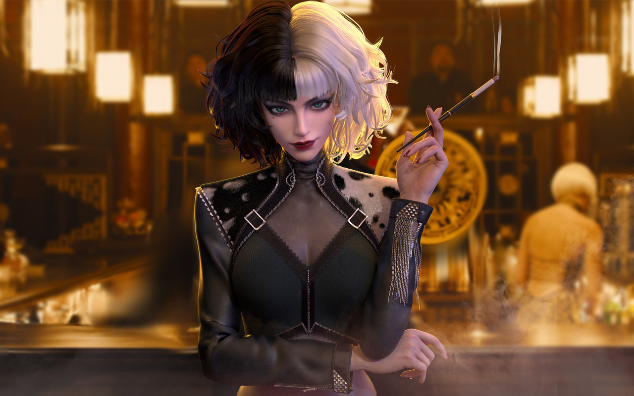 tangqiuqiu, cruella de vil, cruella, women, bar, digital art, cigarettes, smoke, 3d, fan art, disney, multi-colored hair