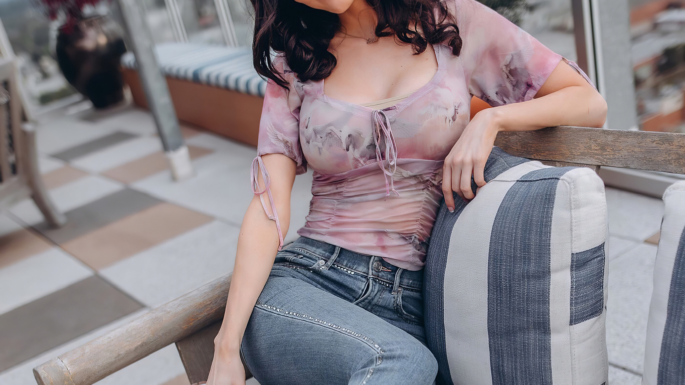 erin olash, women, model, brunette, women indoors, jeans, blouse, window, couch, neckline, sneakers, sitting