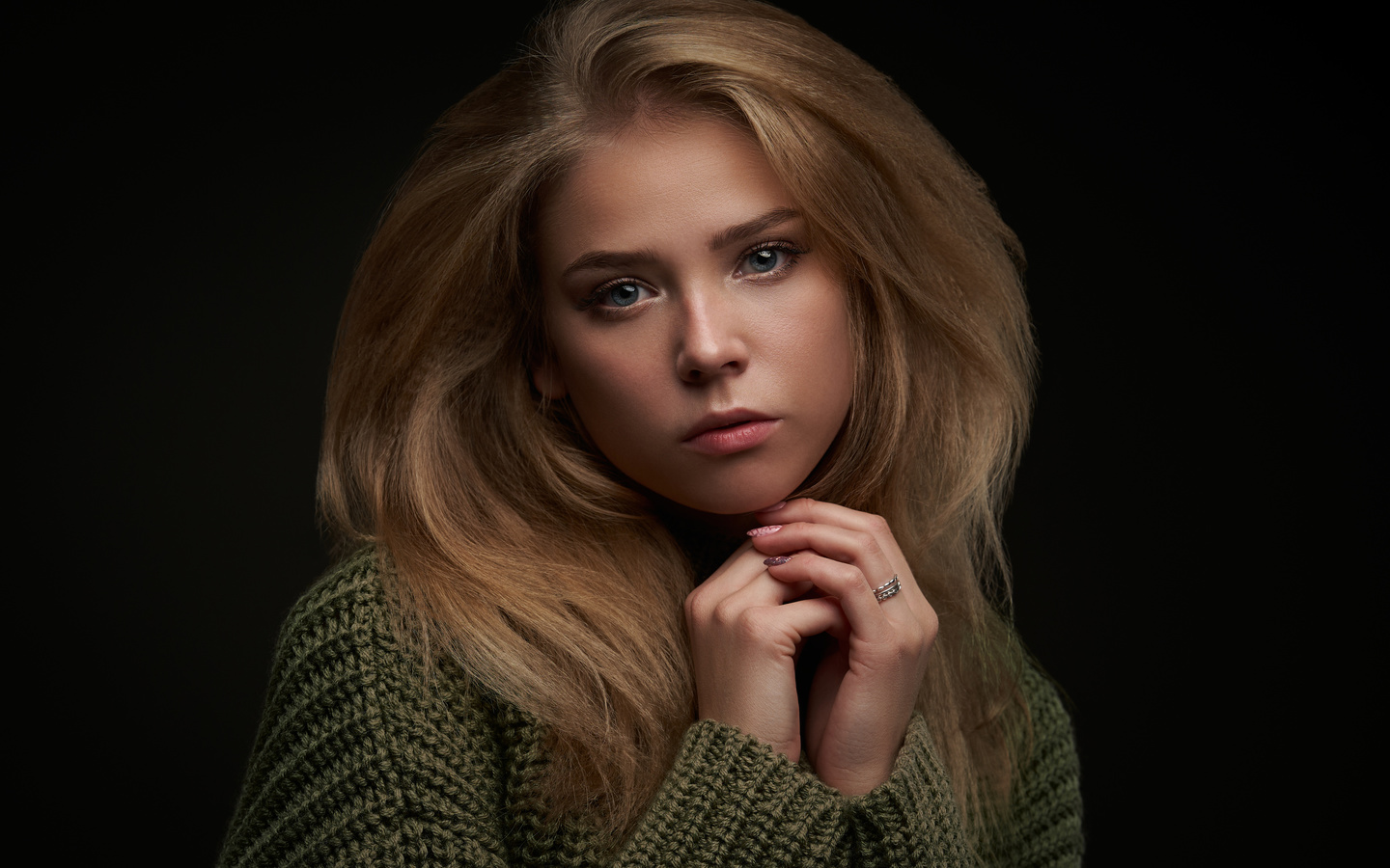 women, blonde, sweater, blue eyes, face, portrait, simple background, black background