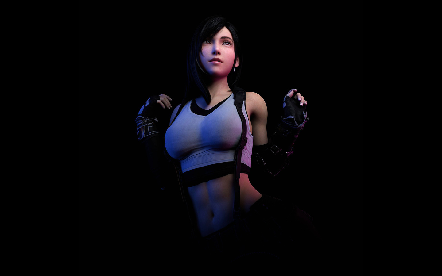 tifa lockhart, final fantasy, video game girls, video games, women, brunette, gloves, t-shirt, short tops, suspenders, black background, simple background