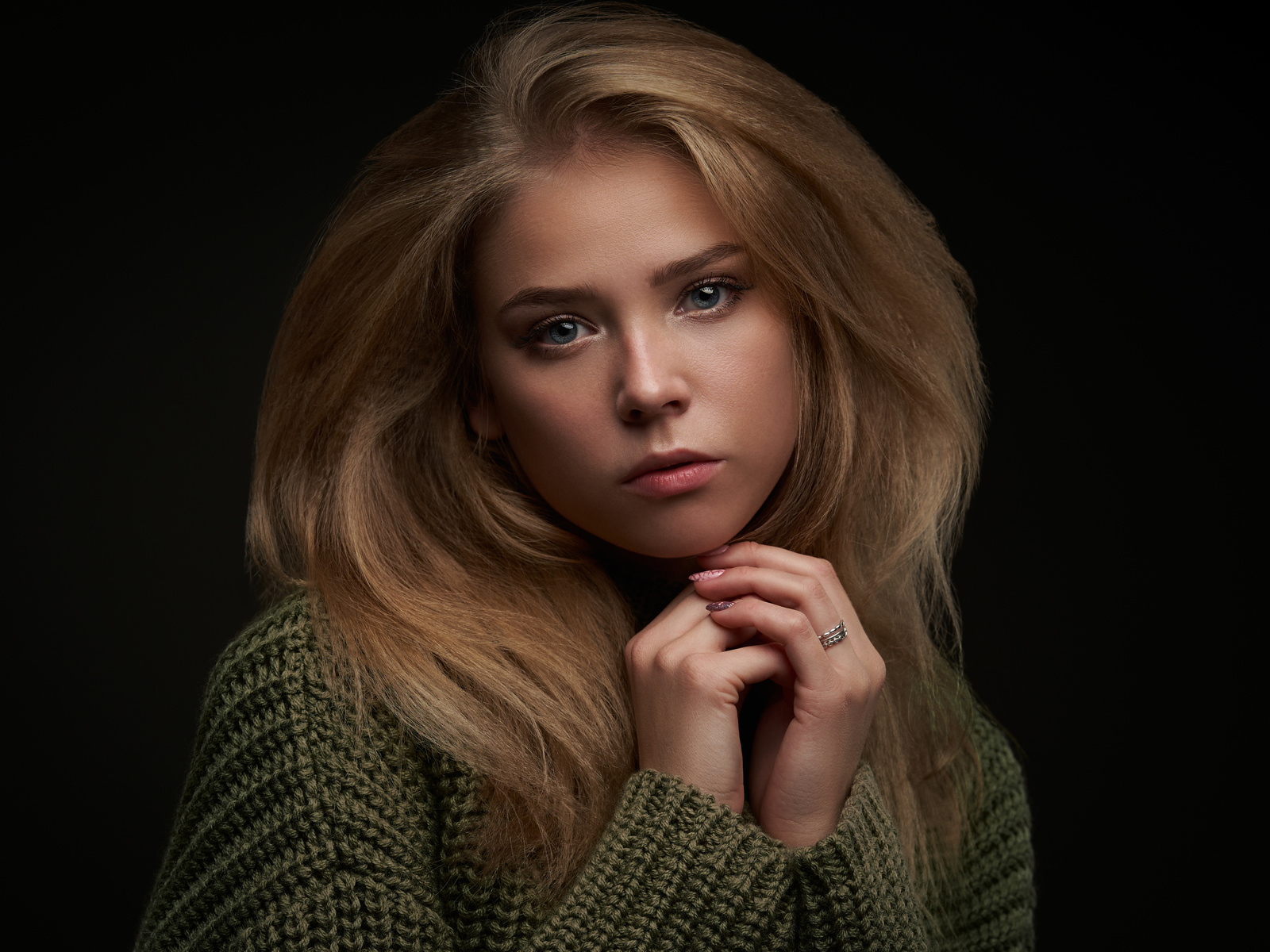 women, blonde, sweater, blue eyes, face, portrait, simple background, black background