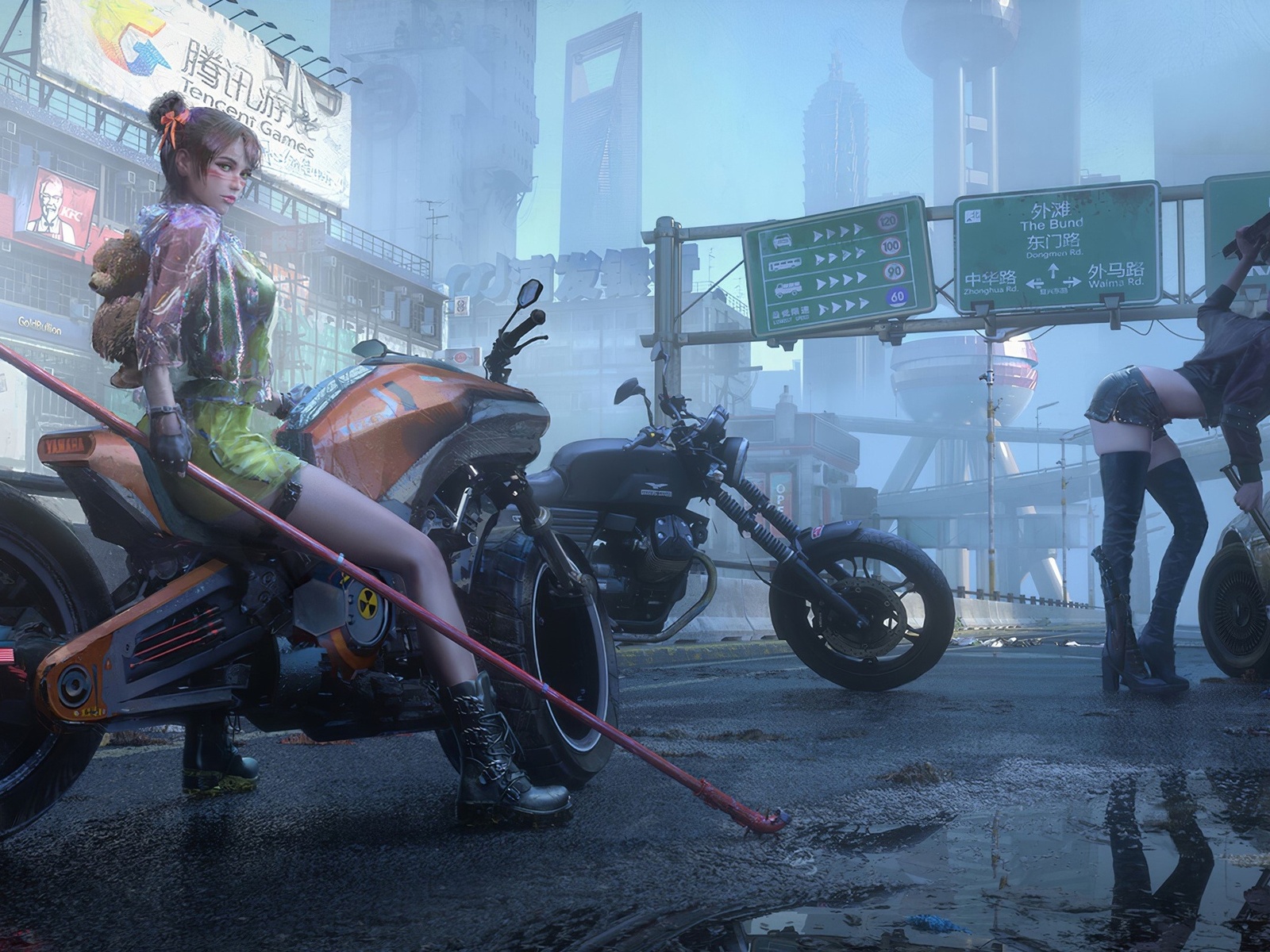 cyberpunk 2077, cyberpunk, digital art, video game girls, video games, women, motorcycle, city, kfc, mcdonalds, boots, raincoat, teddy bear, leather jacket, baseball bat, yamaha, jean shorts, playstation 5, xbox one, microsoft windows, gloves, buildings