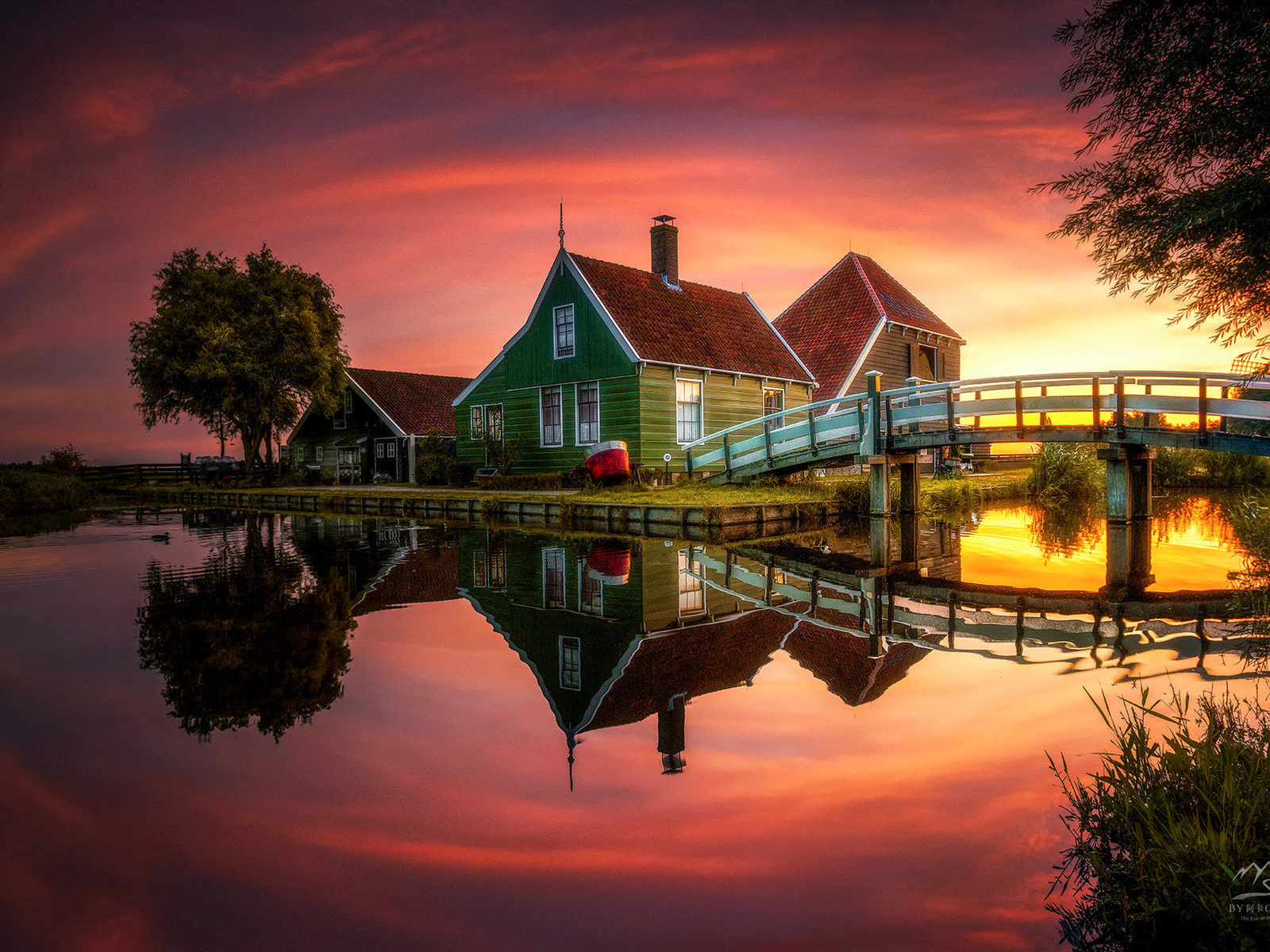 nature, lake, clouds, sky, trees, sunset, bridge, house, cottage, reflection, colorful, window