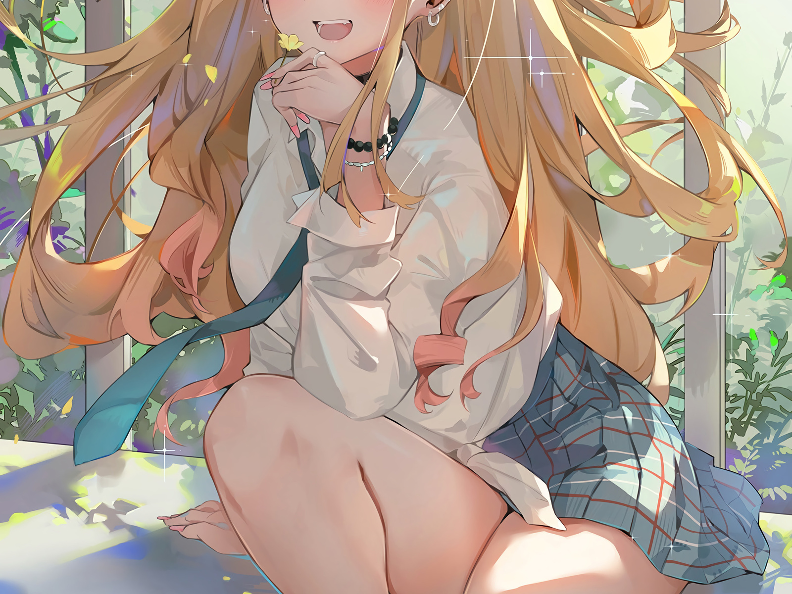 dema hmw, kitagawa marin, sono bisque doll wa koi wo suru, women, blonde, anime girls, school uniform, schoolgirl, miniskirt, school skirt, sitting, digital art, schoolgirl uniform, pierced ear, plants, flowers, necktie, tie, shoes, socks