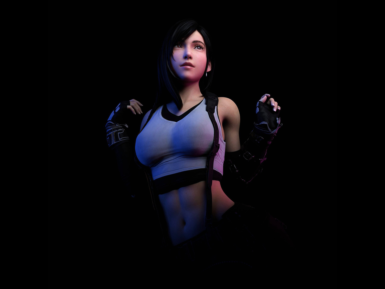 tifa lockhart, final fantasy, video game girls, video games, women, brunette, gloves, t-shirt, short tops, suspenders, black background, simple background