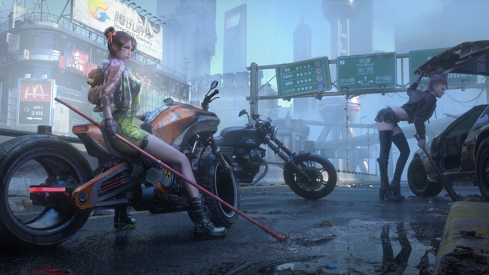 cyberpunk 2077, cyberpunk, digital art, video game girls, video games, women, motorcycle, city, kfc, mcdonalds, boots, raincoat, teddy bear, leather jacket, baseball bat, yamaha, jean shorts, playstation 5, xbox one, microsoft windows, gloves, buildings