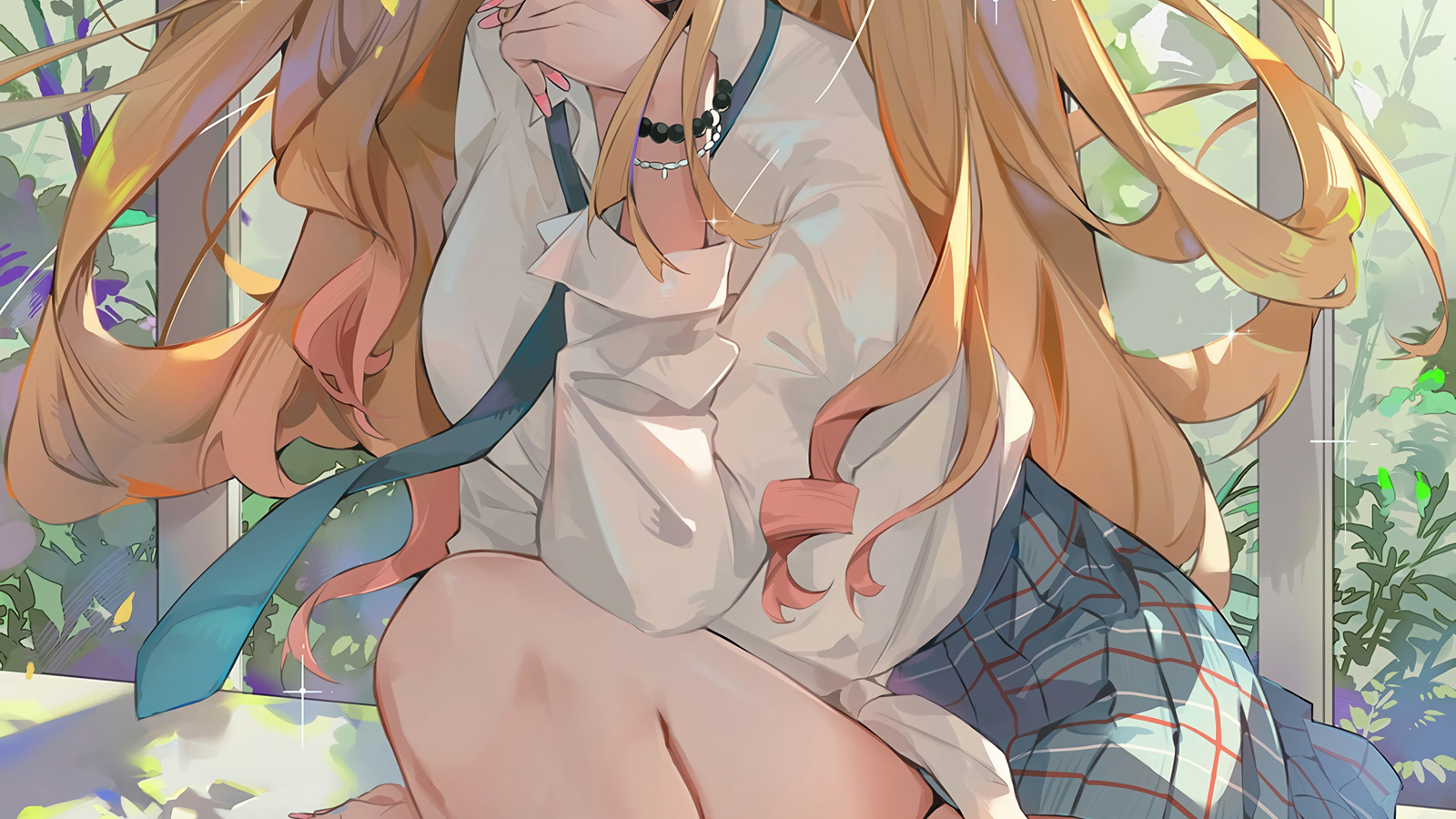 dema hmw, kitagawa marin, sono bisque doll wa koi wo suru, women, blonde, anime girls, school uniform, schoolgirl, miniskirt, school skirt, sitting, digital art, schoolgirl uniform, pierced ear, plants, flowers, necktie, tie, shoes, socks