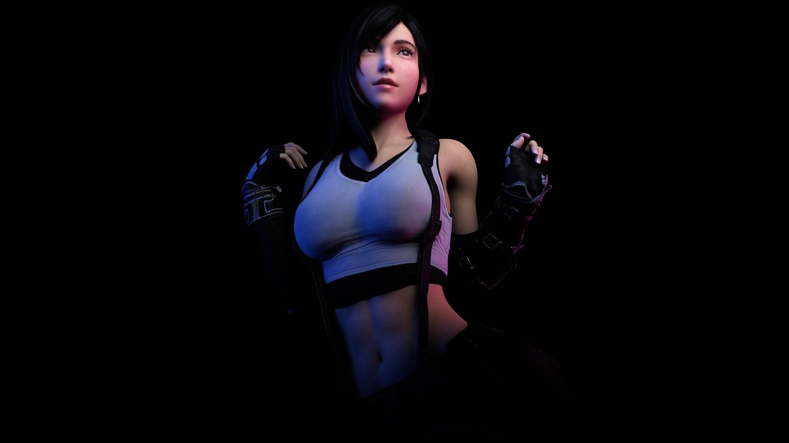 tifa lockhart, final fantasy, video game girls, video games, women, brunette, gloves, t-shirt, short tops, suspenders, black background, simple background