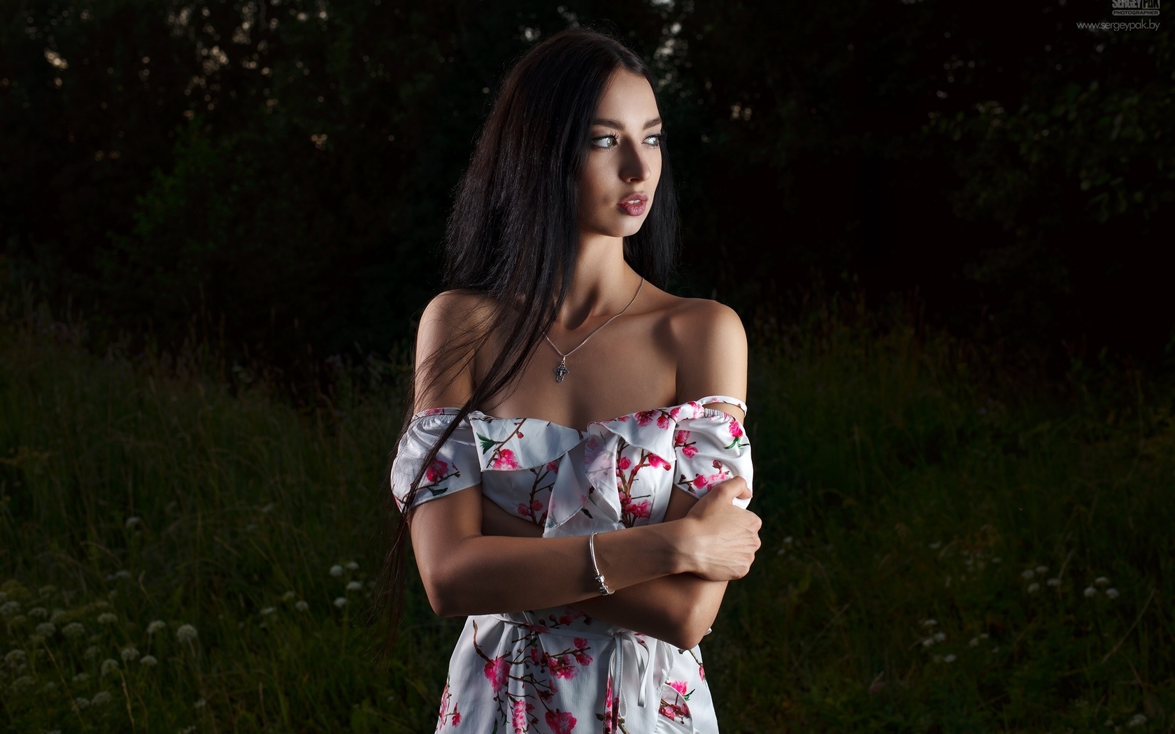 sergey pak, women, model, brunette, women outdoors, nature, dress, trees, grass, looking away, long hair