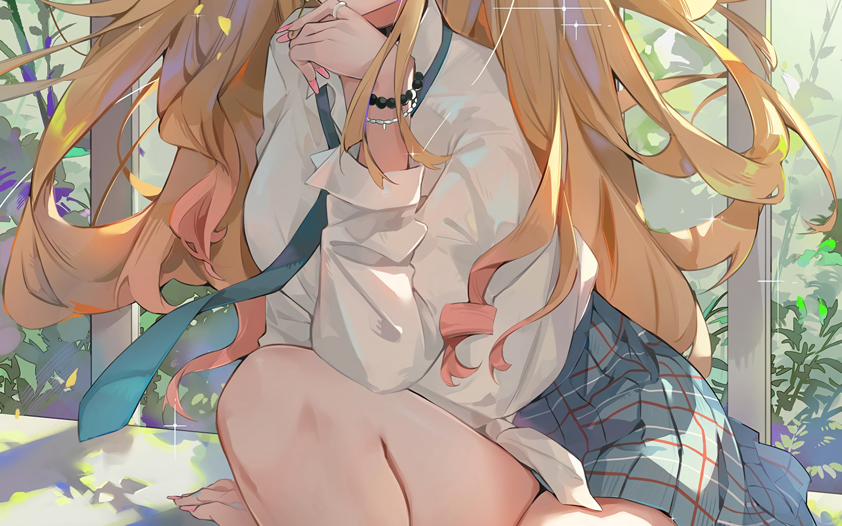 dema hmw, kitagawa marin, sono bisque doll wa koi wo suru, women, blonde, anime girls, school uniform, schoolgirl, miniskirt, school skirt, sitting, digital art, schoolgirl uniform, pierced ear, plants, flowers, necktie, tie, shoes, socks