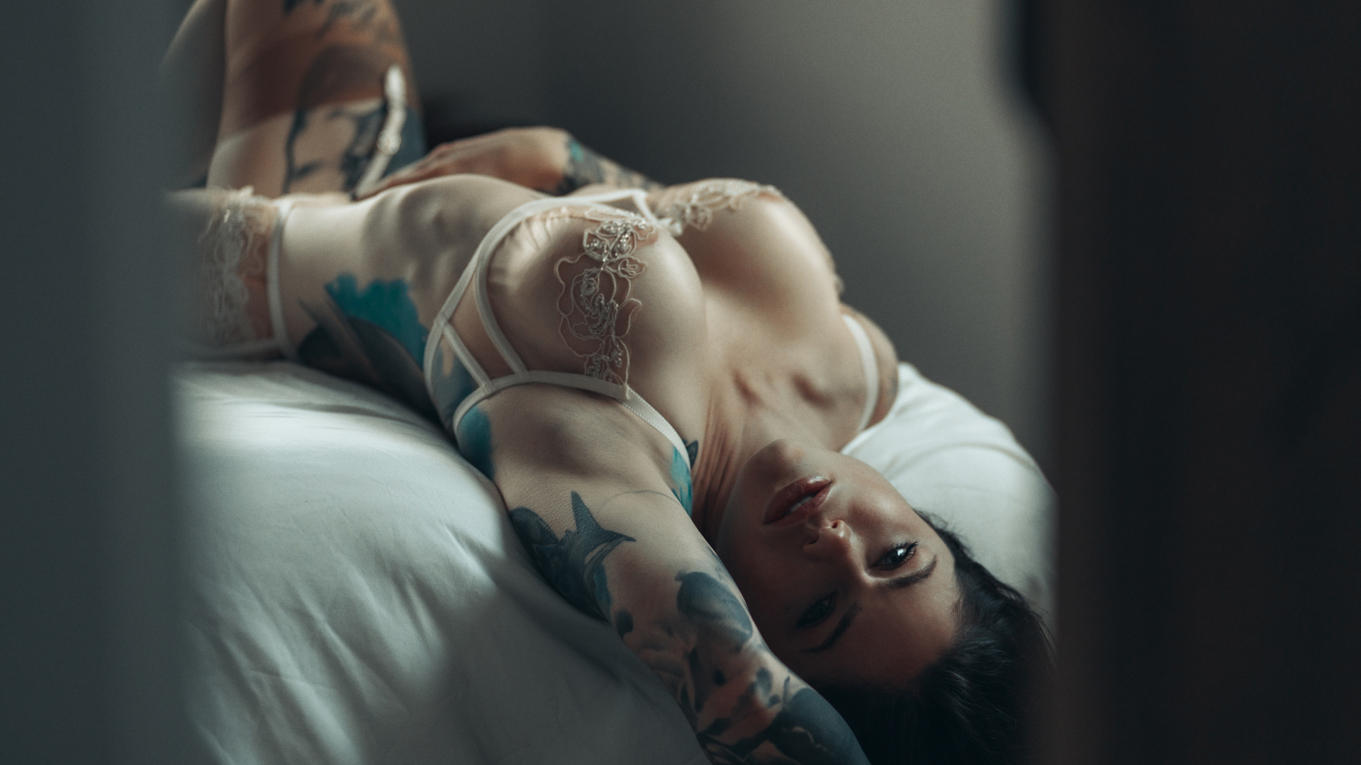 women, model, brunette, women indoors, women indoors, boobs, tattoo, lingerie, bra, panties, in bed, bed, big boobs