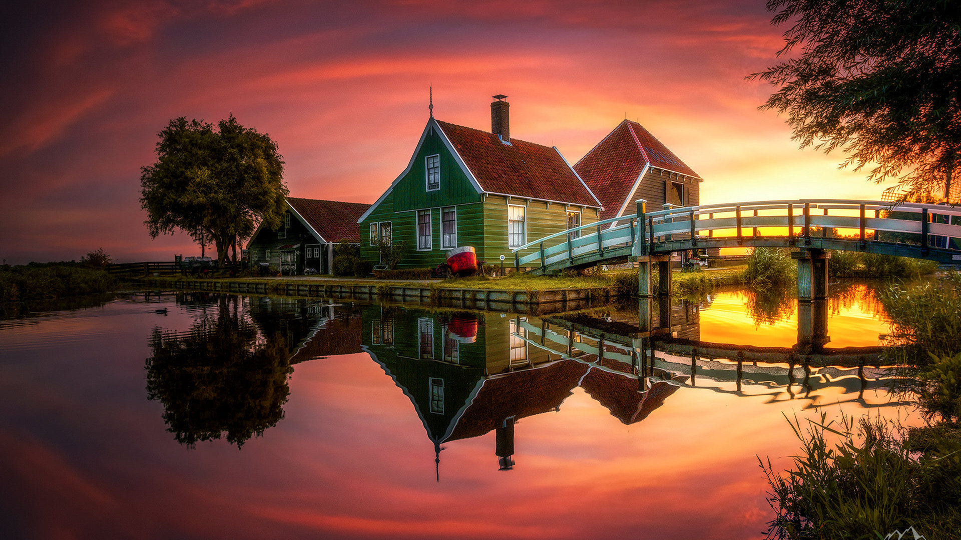 nature, lake, clouds, sky, trees, sunset, bridge, house, cottage, reflection, colorful, window