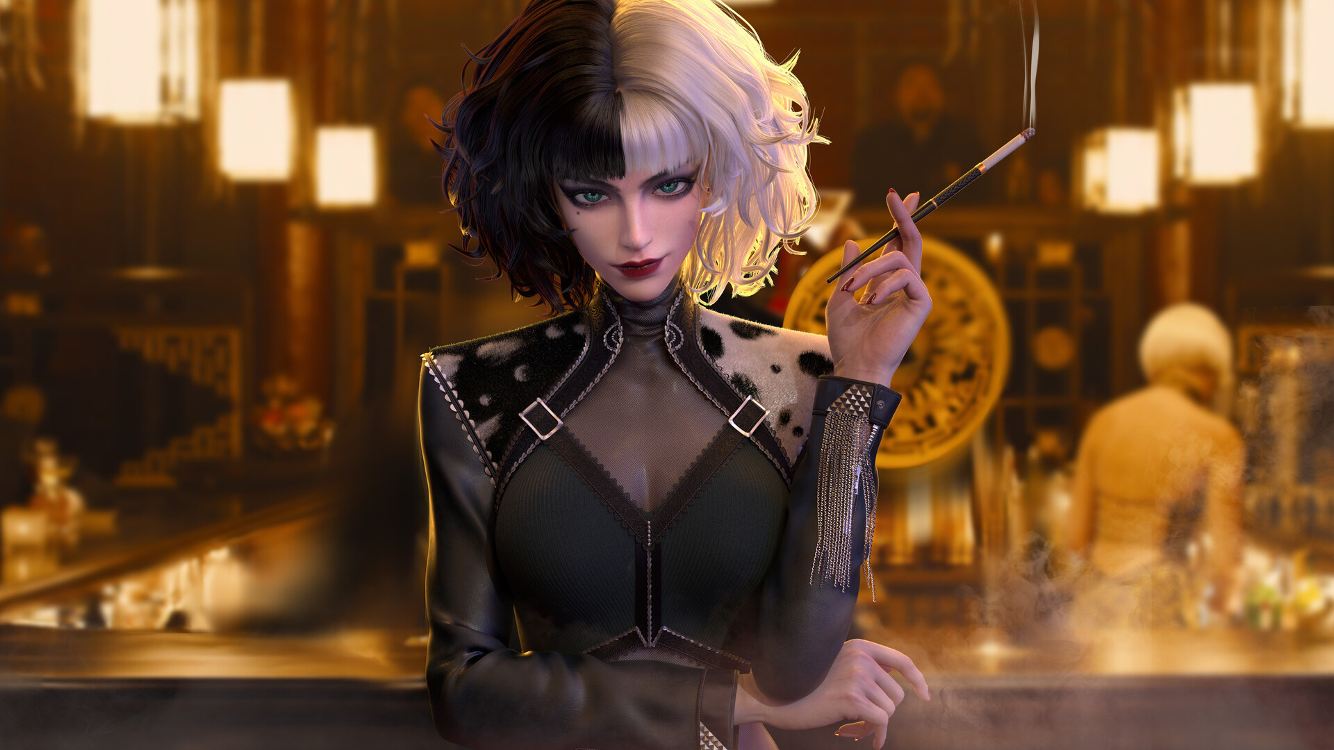 tangqiuqiu, cruella de vil, cruella, women, bar, digital art, cigarettes, smoke, 3d, fan art, disney, multi-colored hair