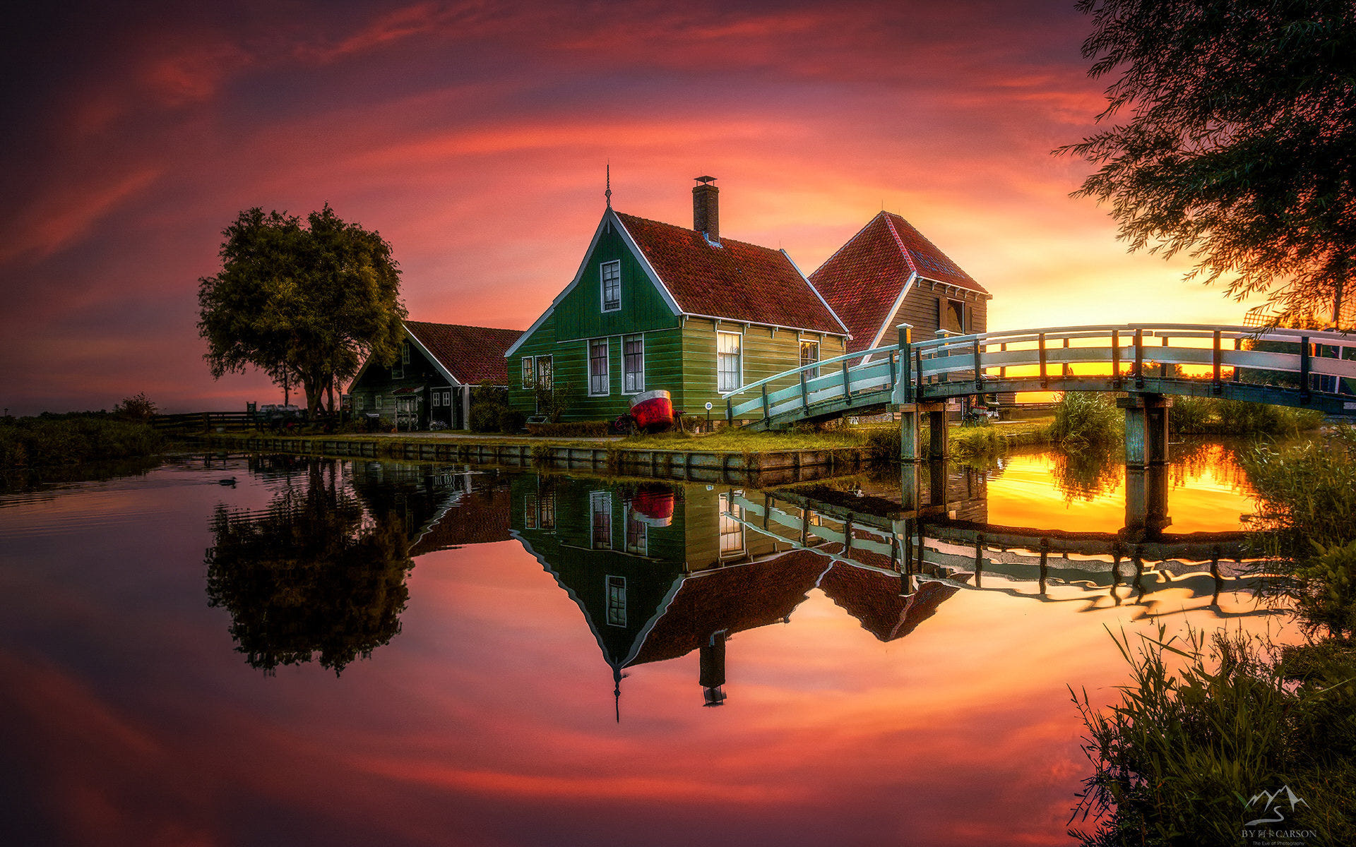 nature, lake, clouds, sky, trees, sunset, bridge, house, cottage, reflection, colorful, window