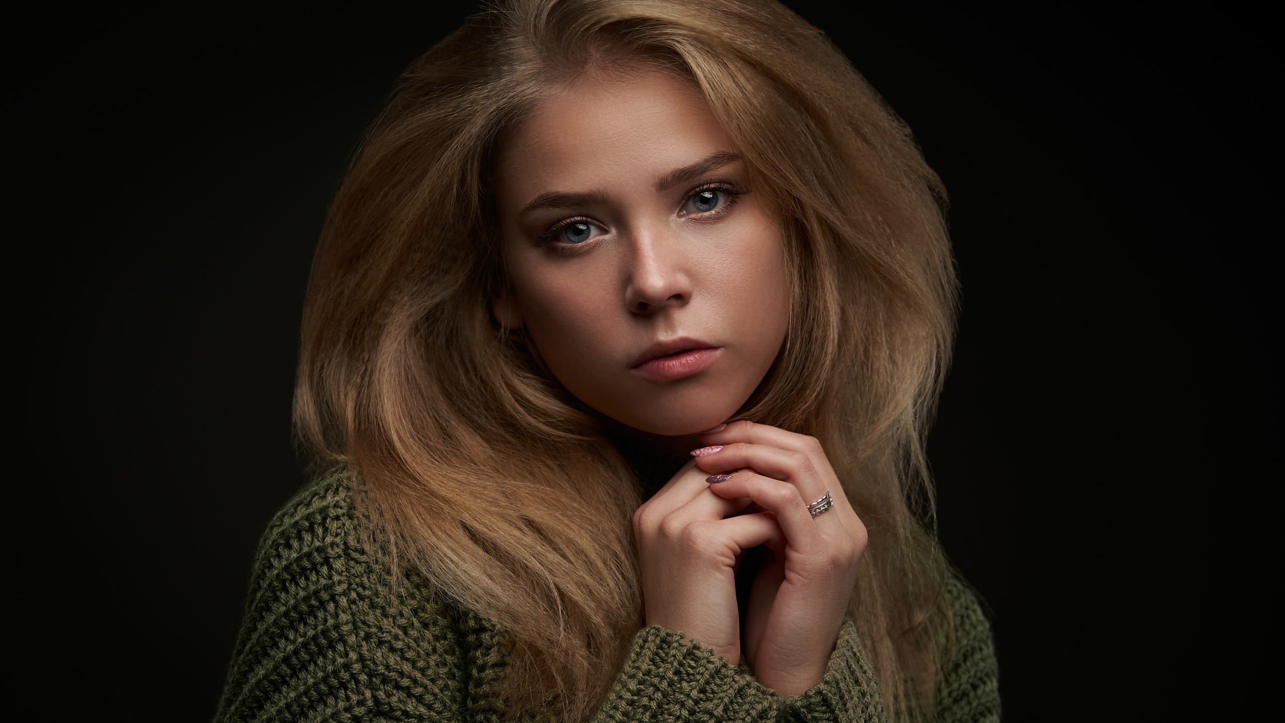 women, blonde, sweater, blue eyes, face, portrait, simple background, black background