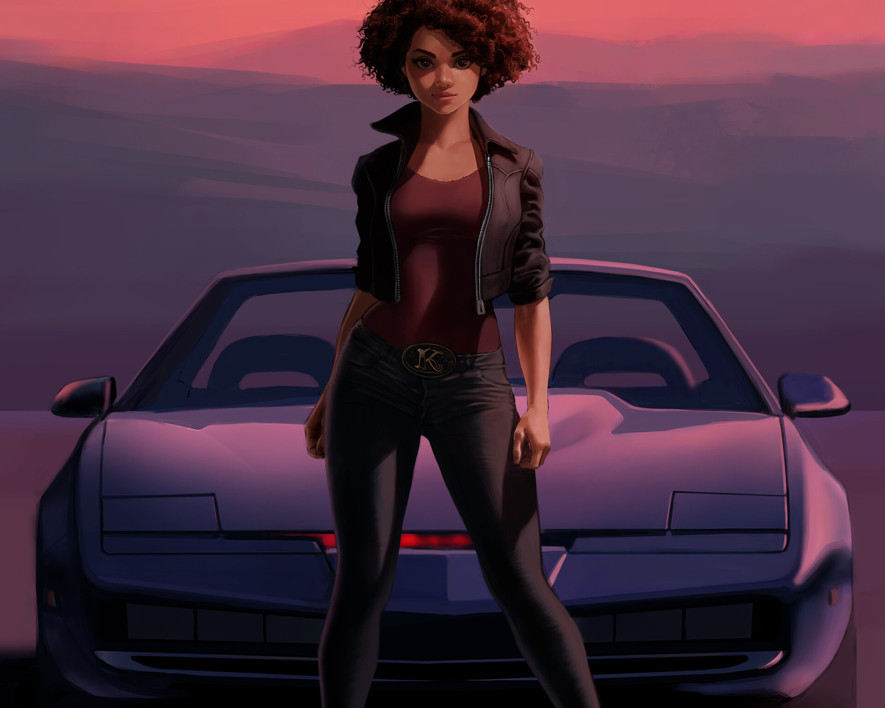 ivan talavera, k.i.t.t., digital art, tv series, sports car, black cars, knight rider, women, brunette, desert, curly hair, jeans, sneakers, bodysuit, jacket