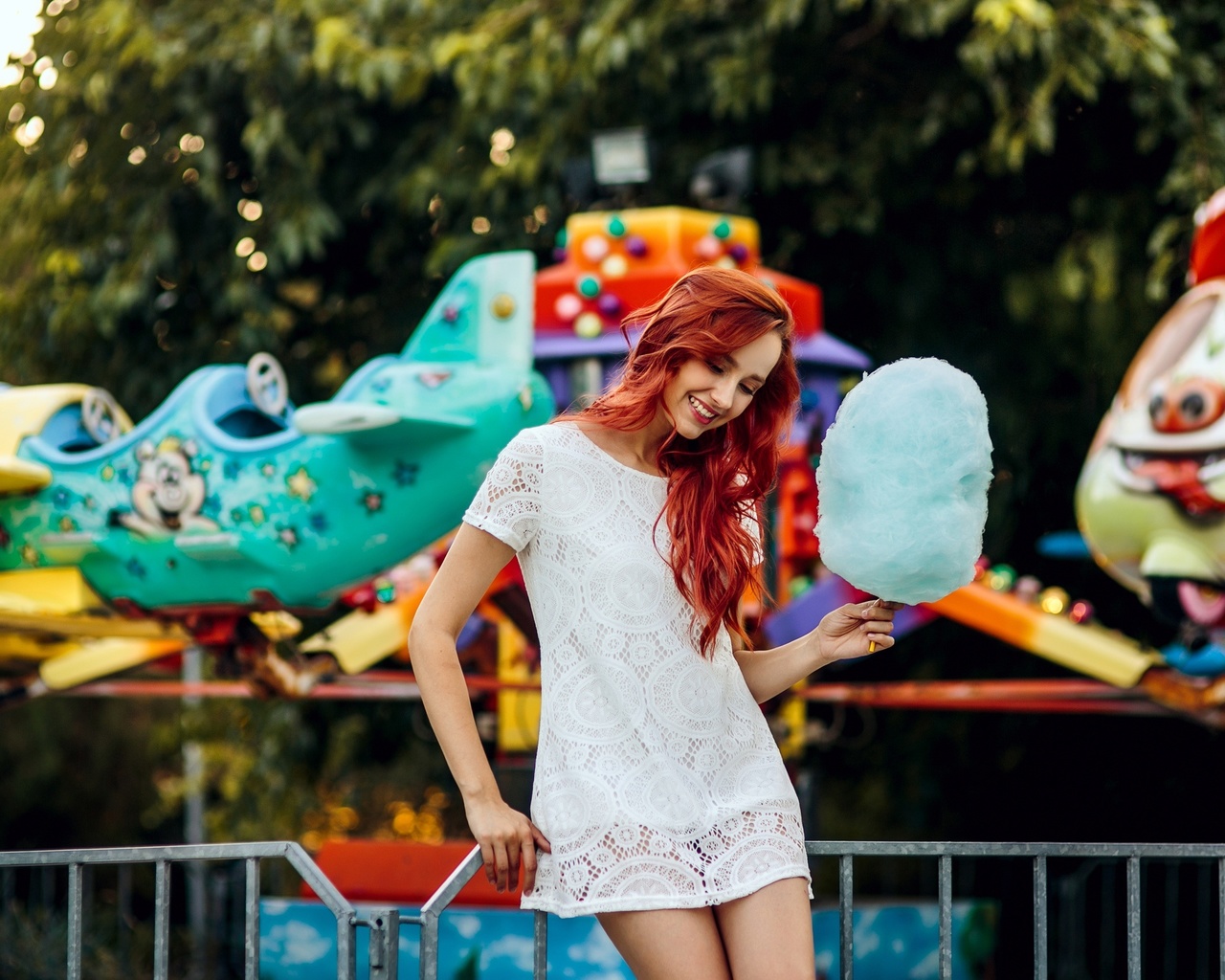 women, model, redhead, women outdoors, theme parks, white dress, dress, cotton candy, trees, smiling