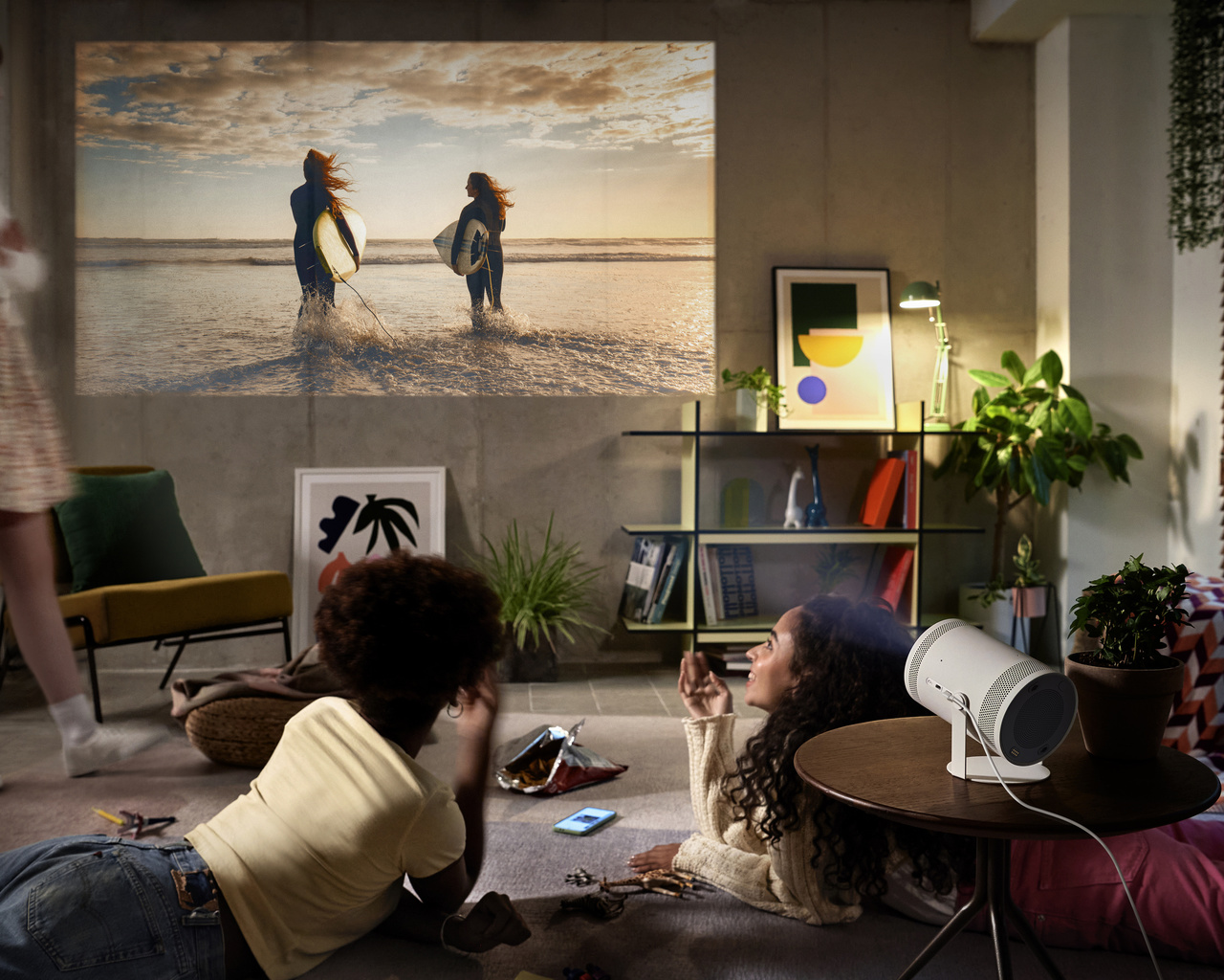 samsung,     ,  , samsung  freestyle, living room interior in modern style, portable projector