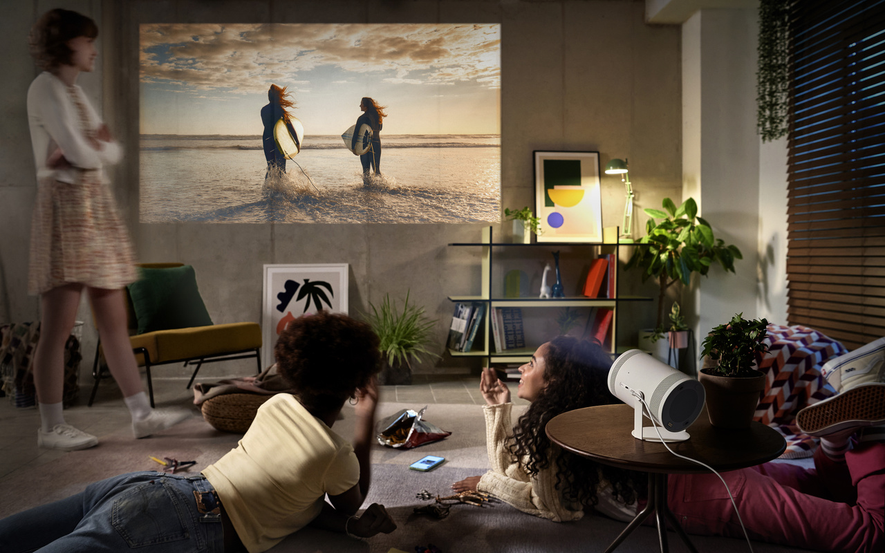 samsung,     ,  , samsung  freestyle, living room interior in modern style, portable projector